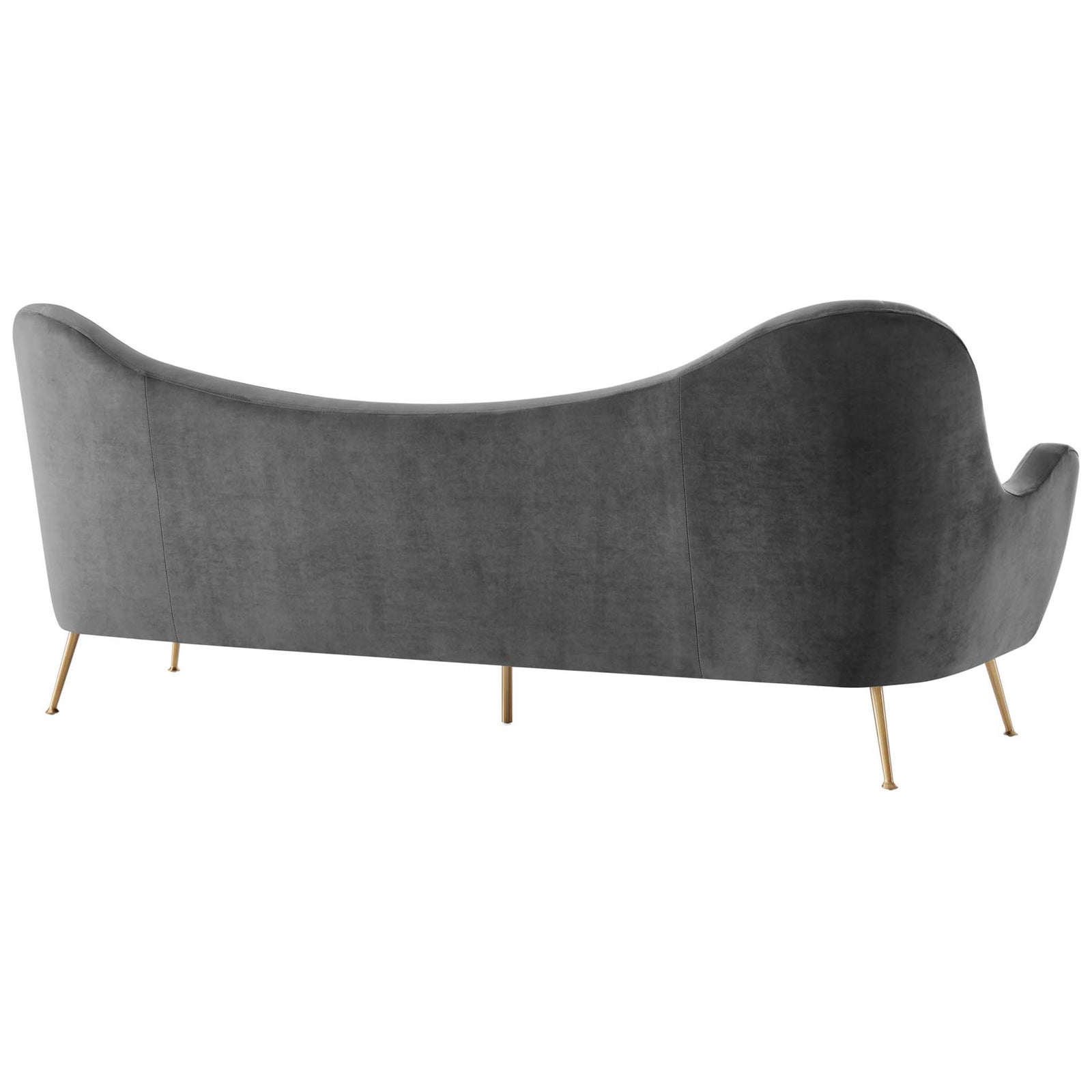 Gray velvet sofa with a flowing sculpted back and slim gold legs || EEI-5874-GRY || back_angle_studio