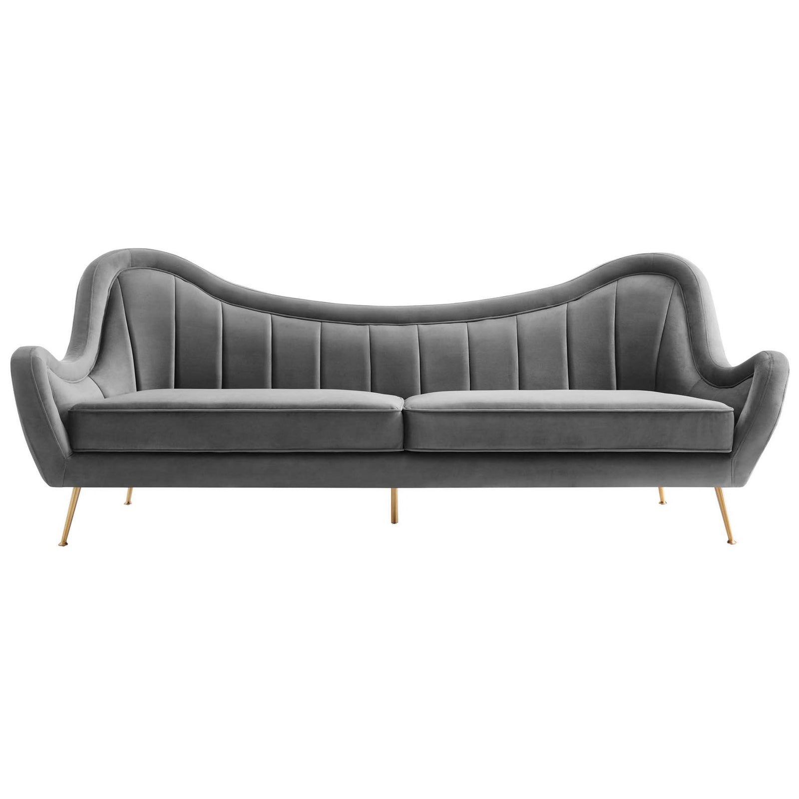 Gray channel-tufted velvet sofa with two seat cushions and slim gold legs || EEI-5874-GRY || front_studio