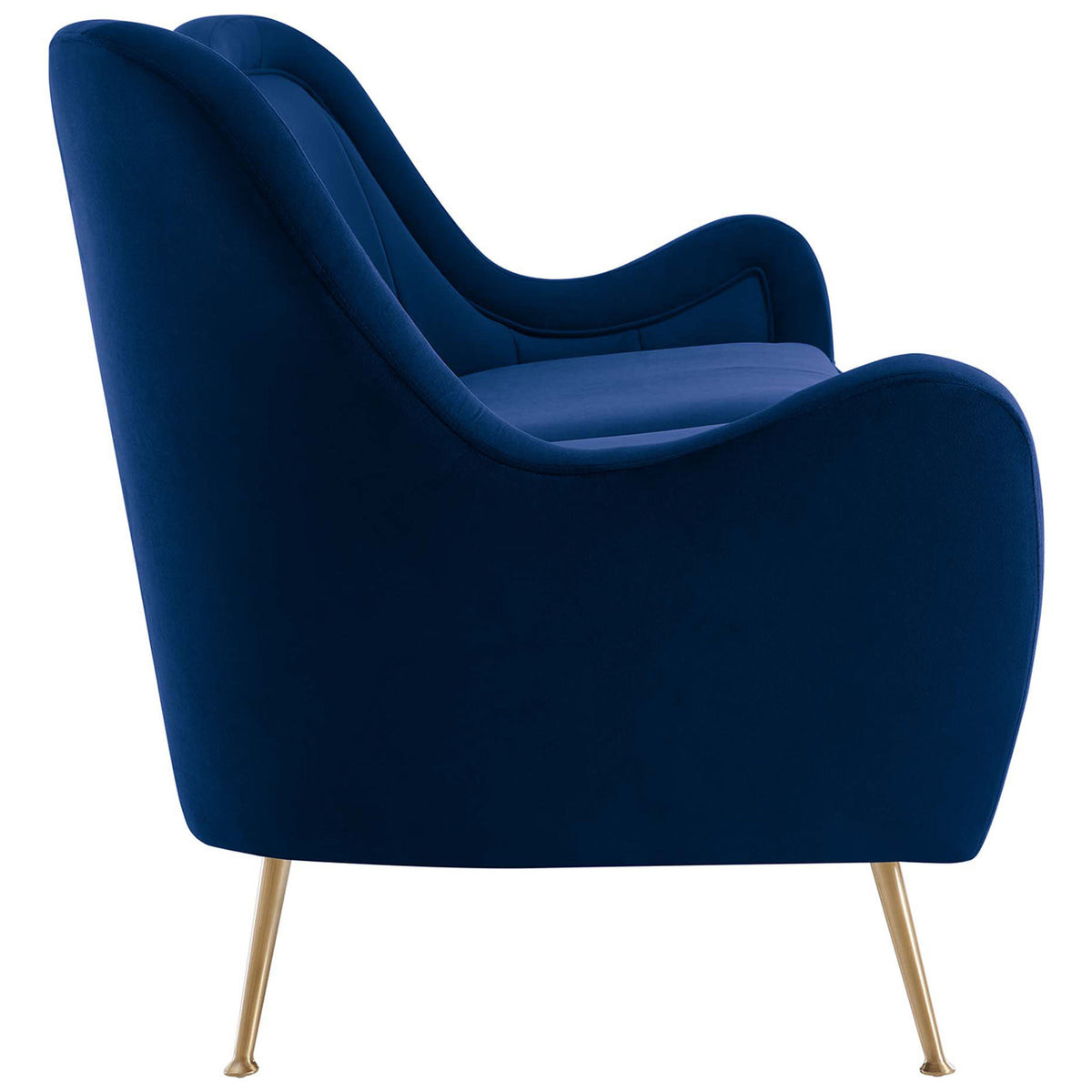 Graceful curved silhouette of the navy velvet sofa emphasizing its supportive high back || EEI-5874-NAV || side_studio