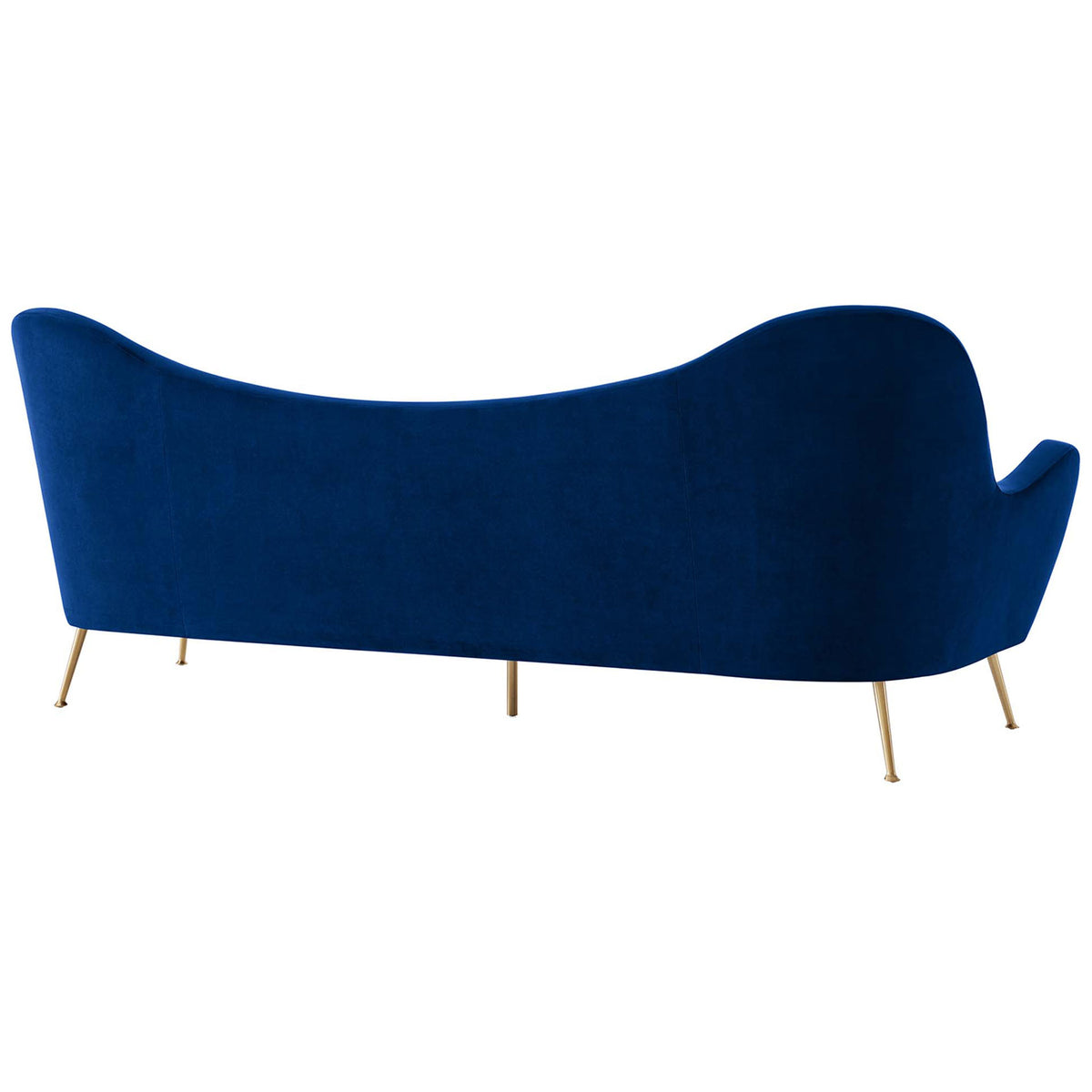 Sweeping navy velvet backrest with a smooth curved silhouette and slim gold legs || EEI-5874-NAV || back_angle_studio