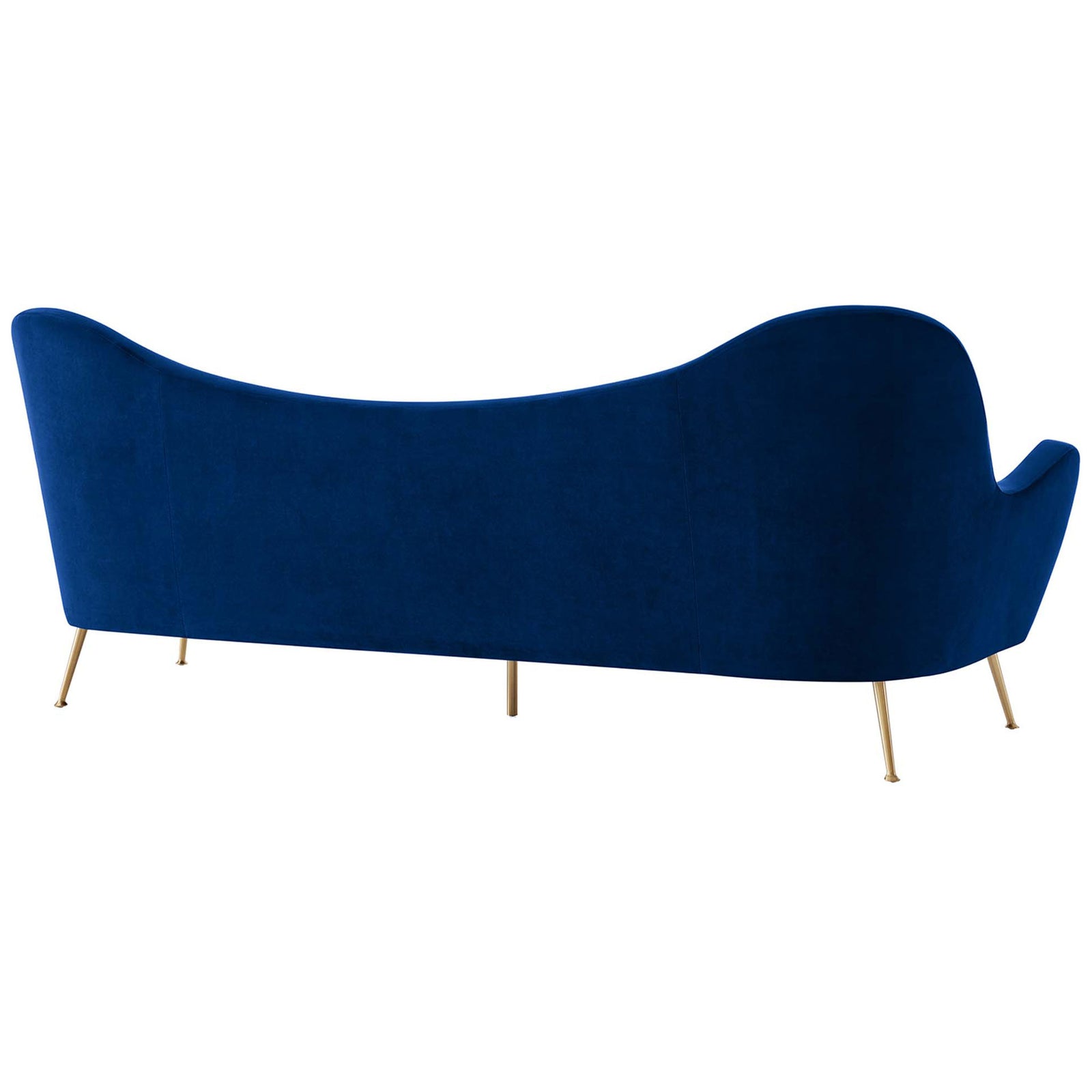 Sweeping navy velvet backrest with a smooth curved silhouette and slim gold legs || EEI-5874-NAV || back_angle_studio