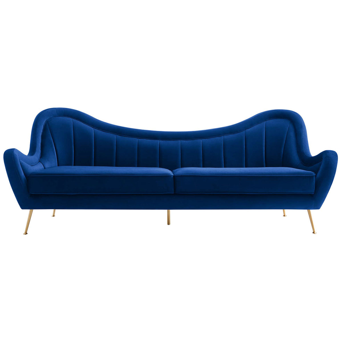 Navy channel-tufted velvet sofa with plush cushions and tapered gold legs for statement seating || EEI-5874-NAV || front_studio