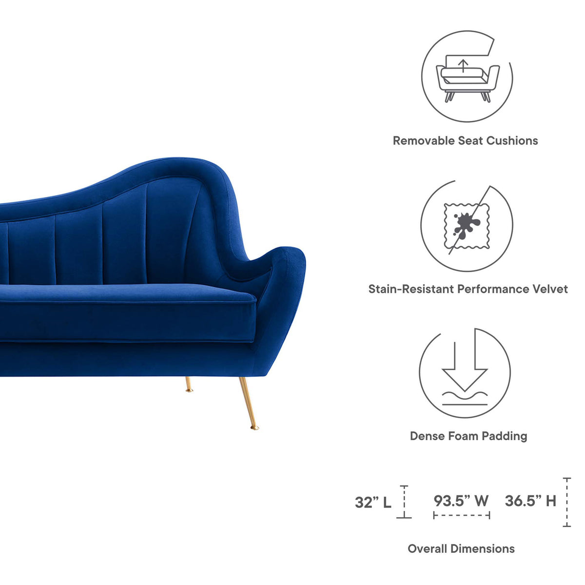 Cheshire sofa features removable seat cushions, dense foam padding, and generous overall dimensions || EEI-5874-NAV || dimension_studio