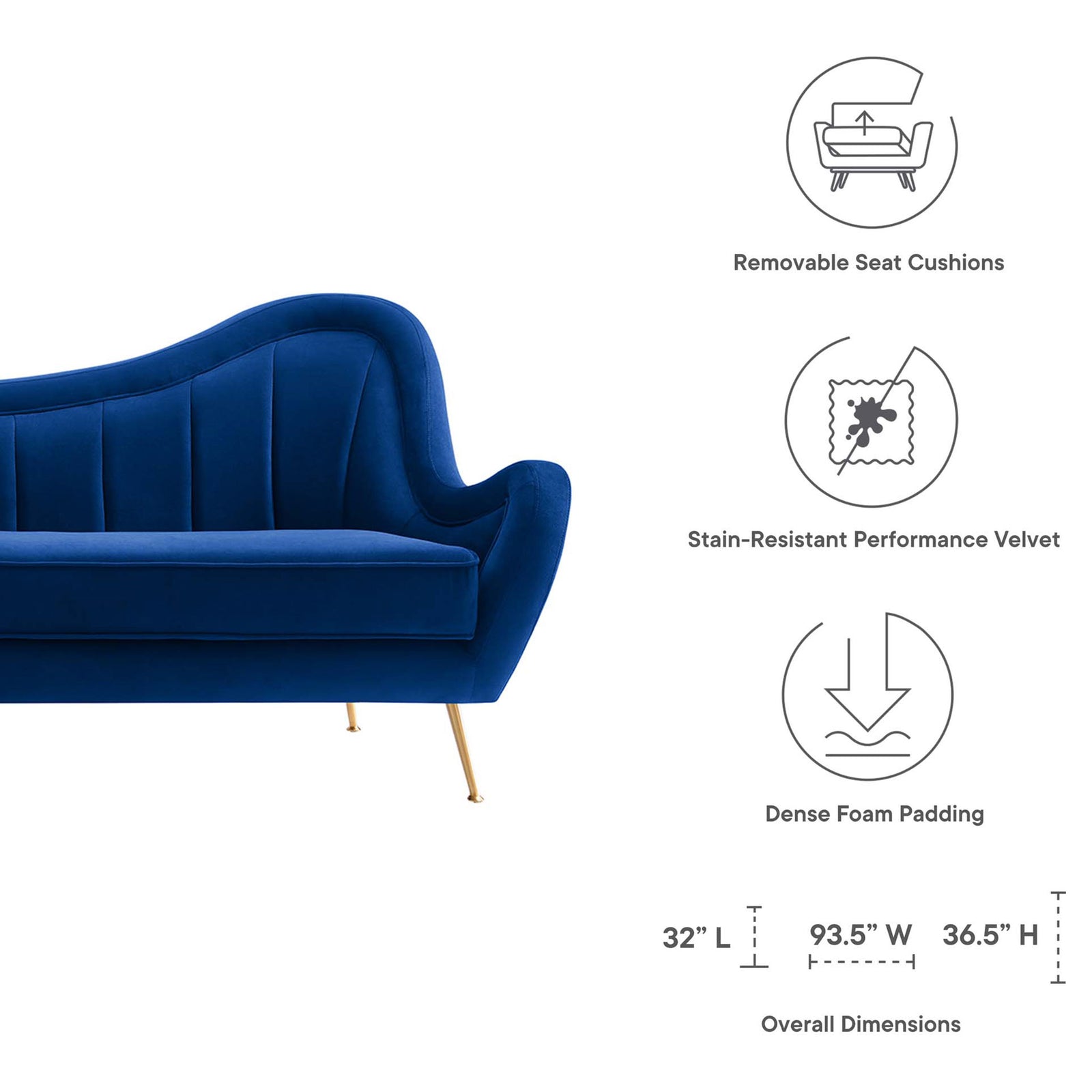 Cheshire sofa features removable seat cushions, dense foam padding, and generous overall dimensions || EEI-5874-NAV || dimension_studio