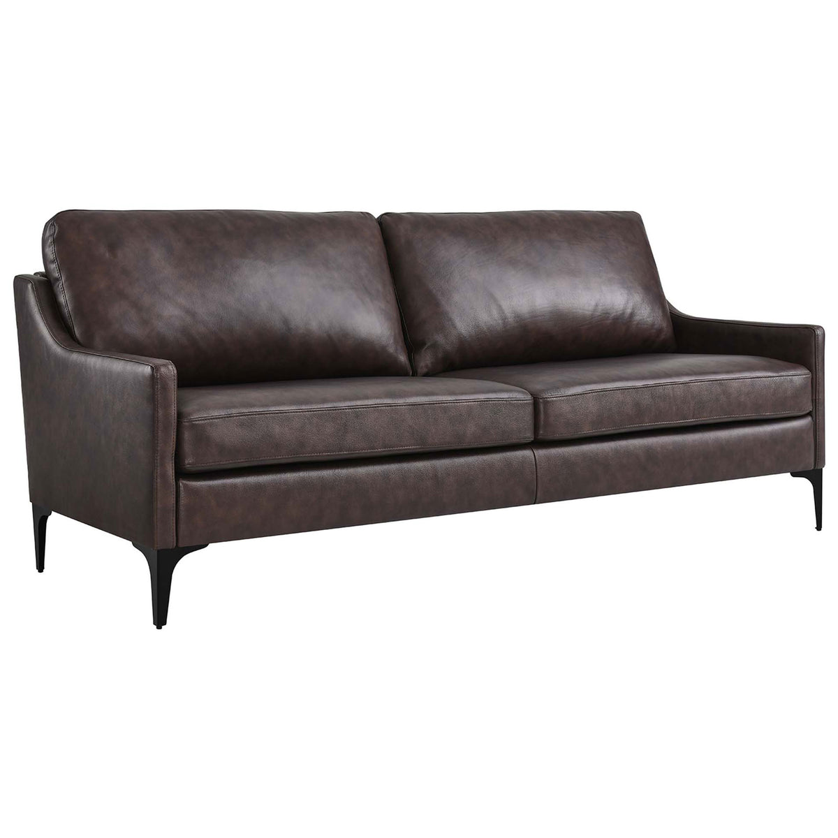 Top-grain brown leather sofa with plush seat cushions, gently sloped arms, and tapered black metal legs || EEI-6018-BRN || front_angle_studio