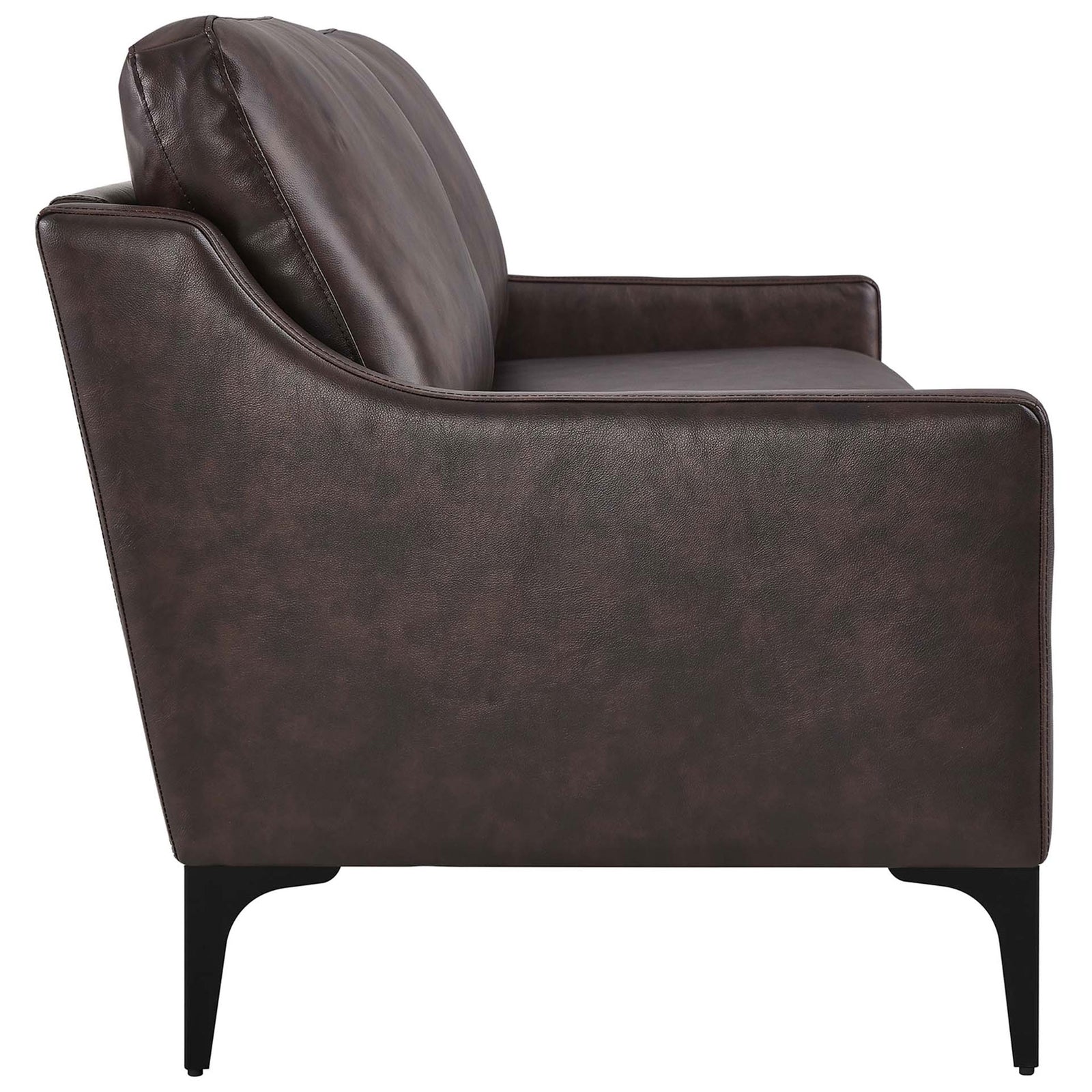 Side profile of the brown leather sofa highlighting its slim track arm and generously padded back cushion || EEI-6018-BRN || side_studio
