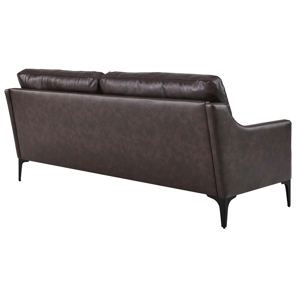 Brown leather sofa showcasing its smooth tailored back and sturdy black metal legs for a polished look || EEI-6018-BRN || back_angle_studio
