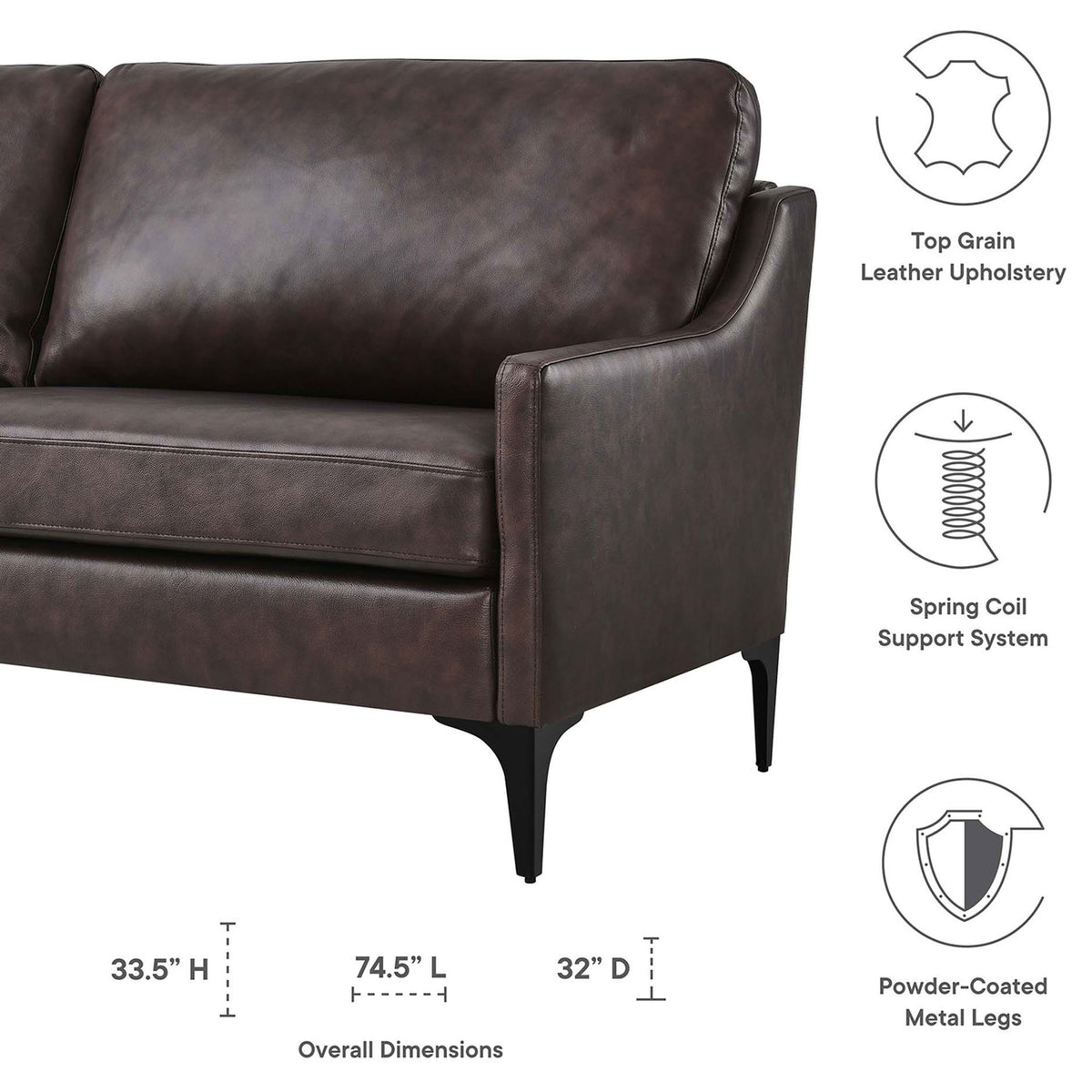 Brown leather sofa with icons showcasing top-grain upholstery, spring coil support, metal legs, and dimensions || EEI-6018-BRN || dimension_studio