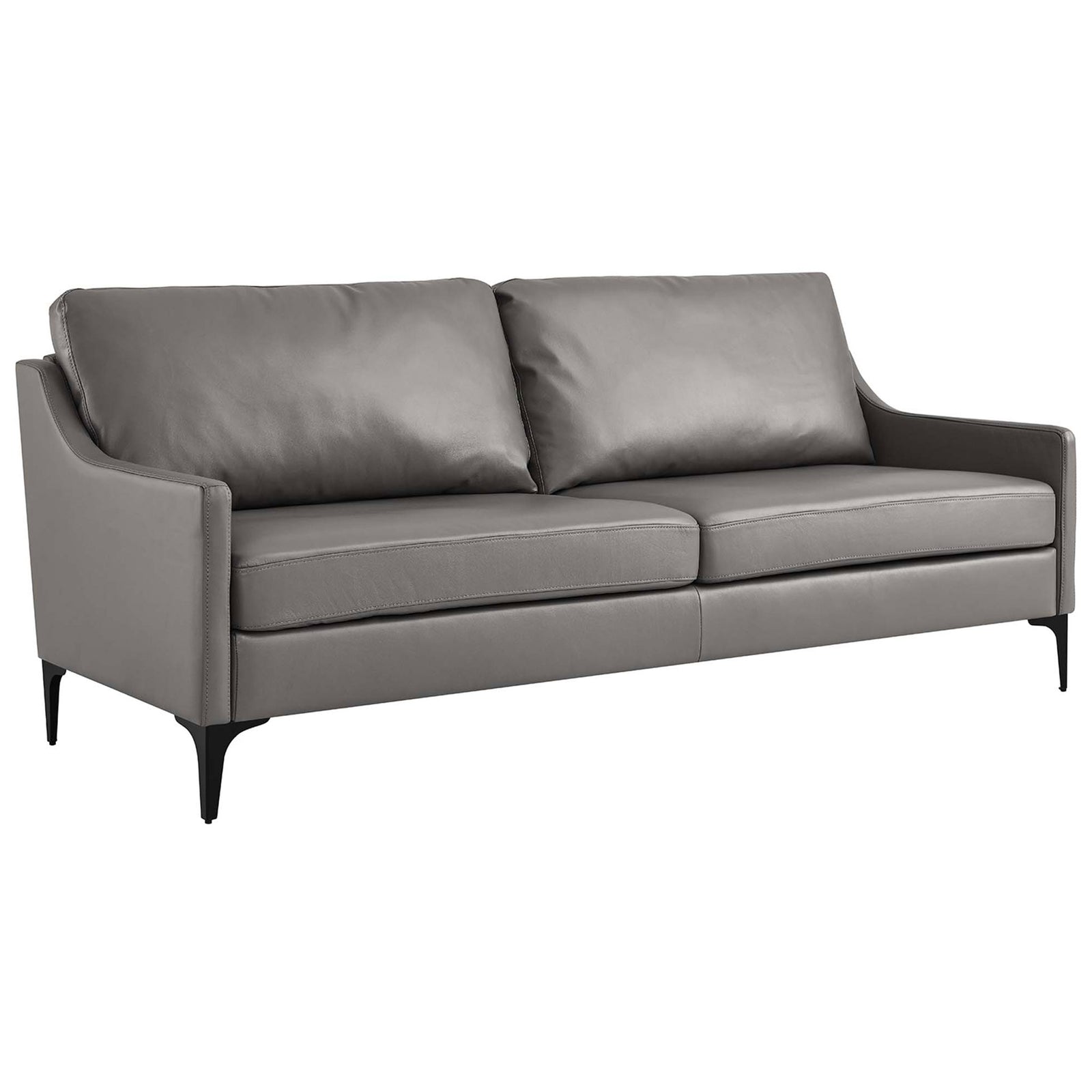 Gray leather sofa with slim sloped arms and tall black metal legs for a sleek modern profile || EEI-6018-GRY || front_angle_studio