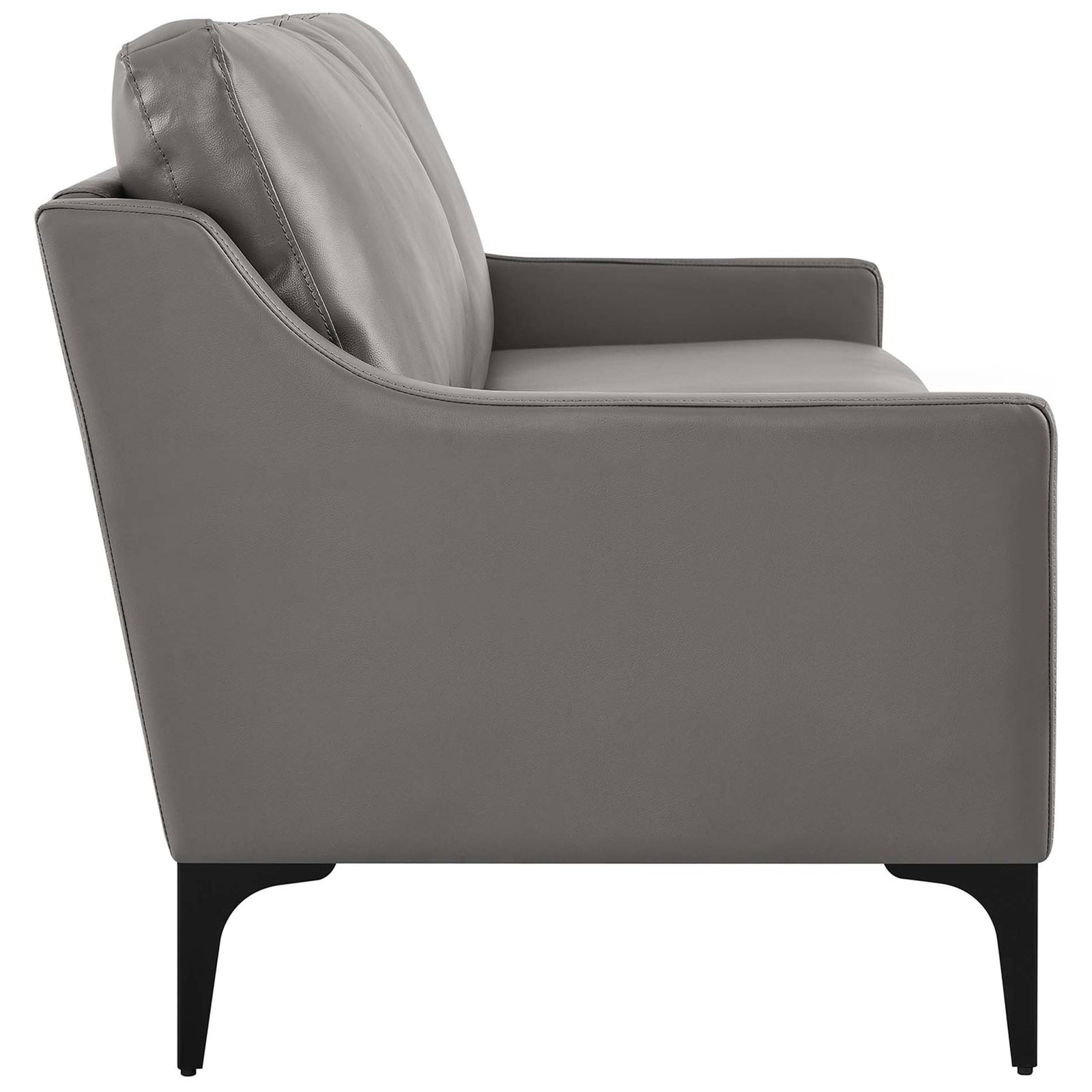 Streamlined sofa silhouette with smooth gray leather upholstery and slim arm on black metal legs || EEI-6018-GRY || side_studio