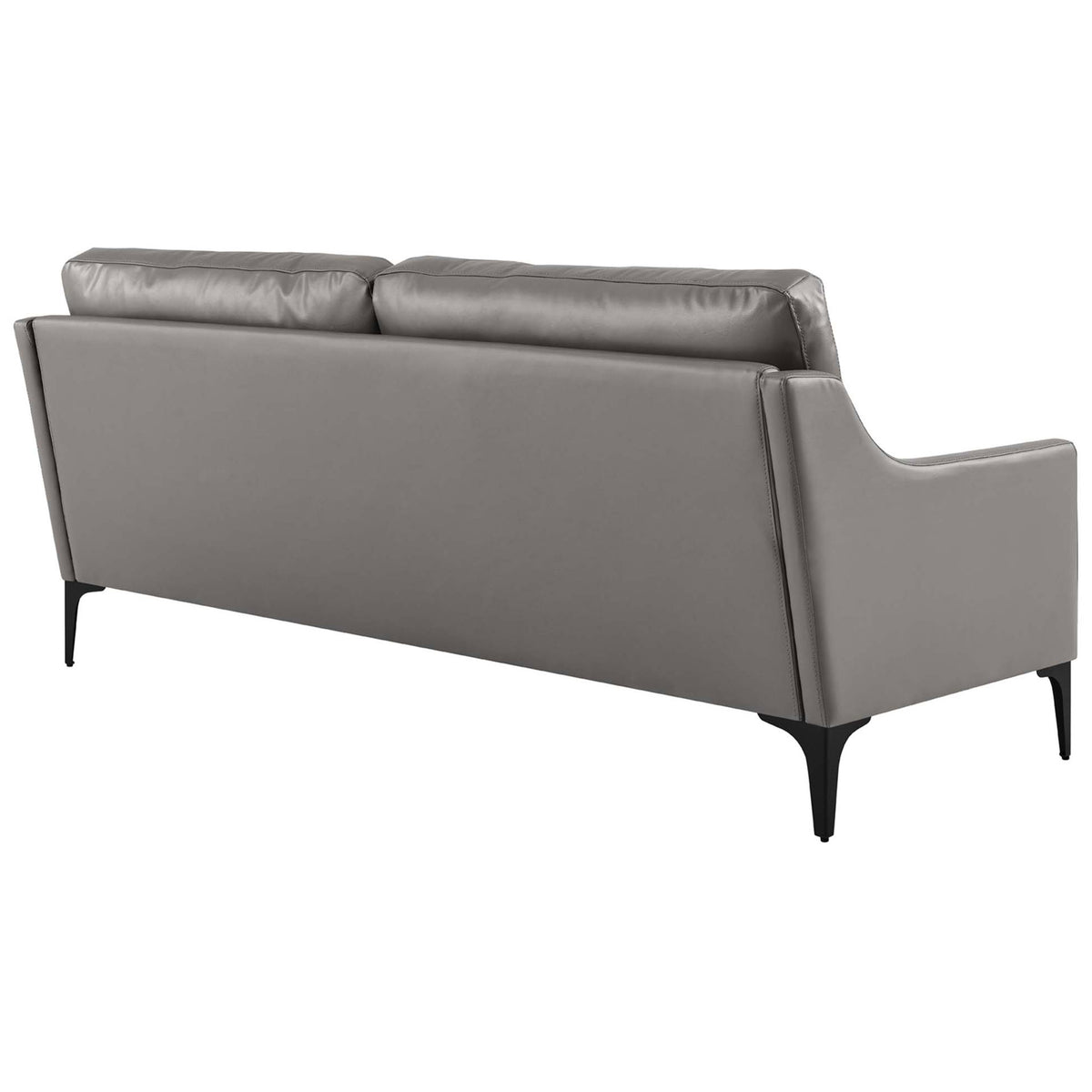Clean tailored back cushions and smooth gray leather back panel on elevated black metal base || EEI-6018-GRY || back_angle_studio
