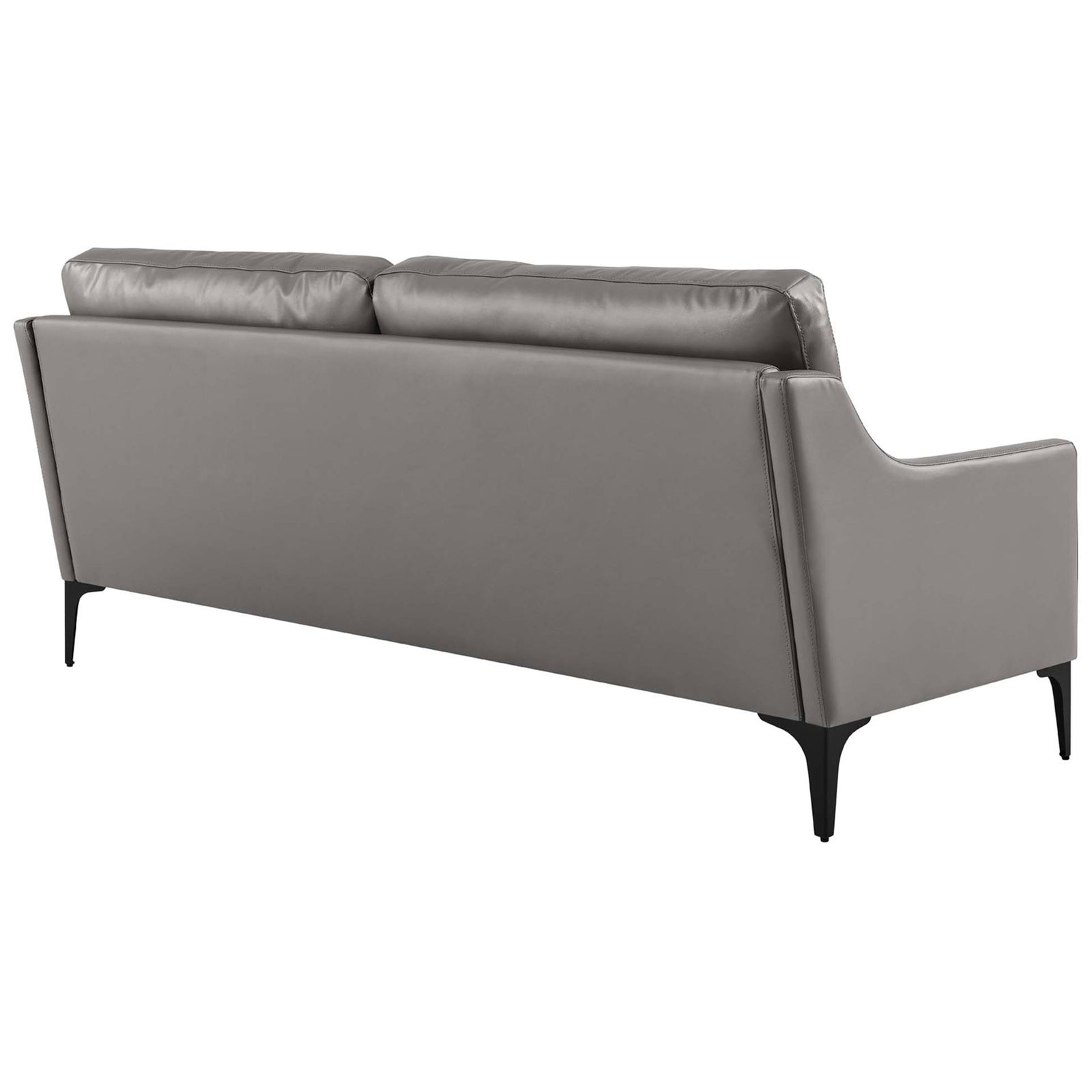 Clean tailored back cushions and smooth gray leather back panel on elevated black metal base || EEI-6018-GRY || back_angle_studio