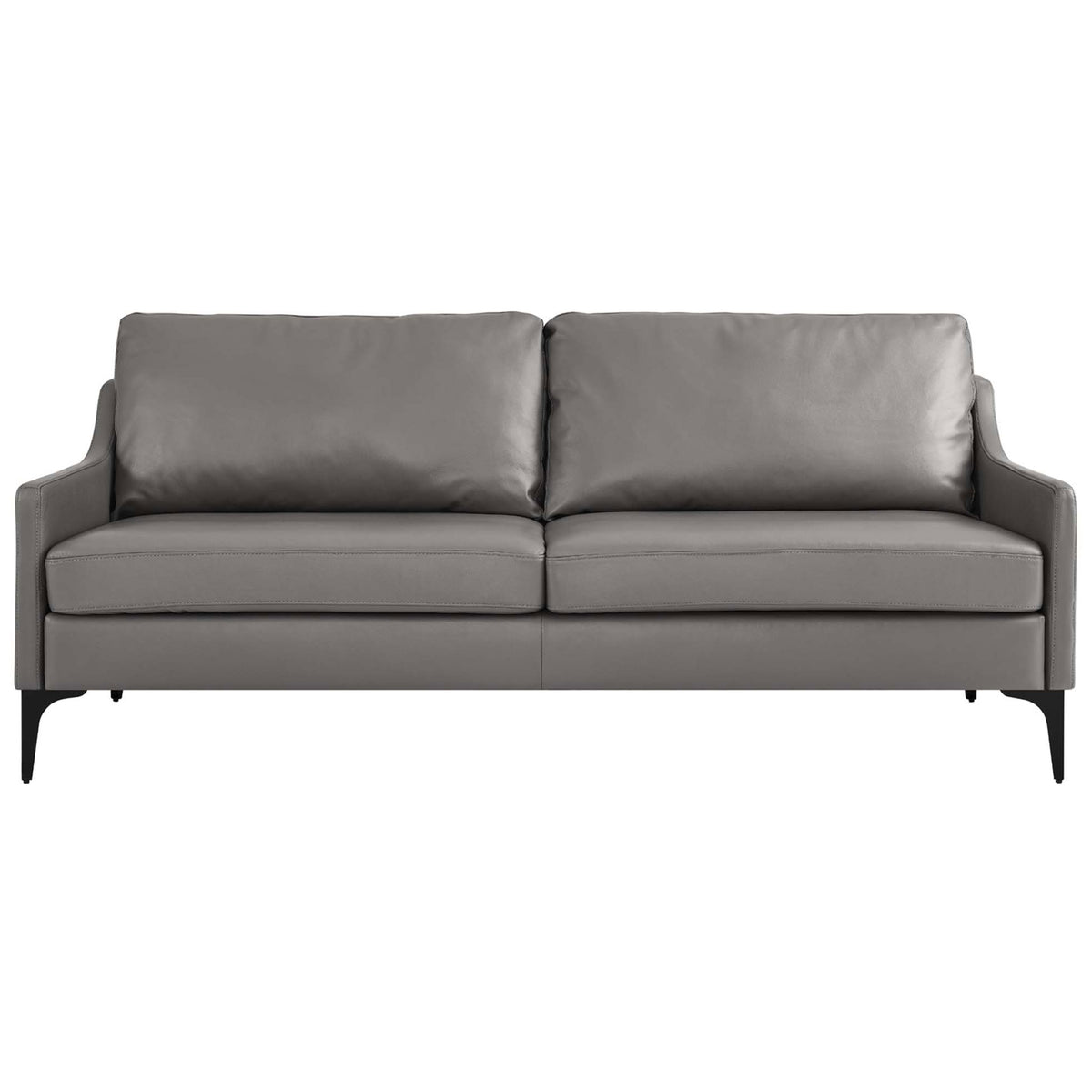 Gray leather sofa with two plush back cushions and streamlined arms on slim black metal legs || EEI-6018-GRY || front_studio