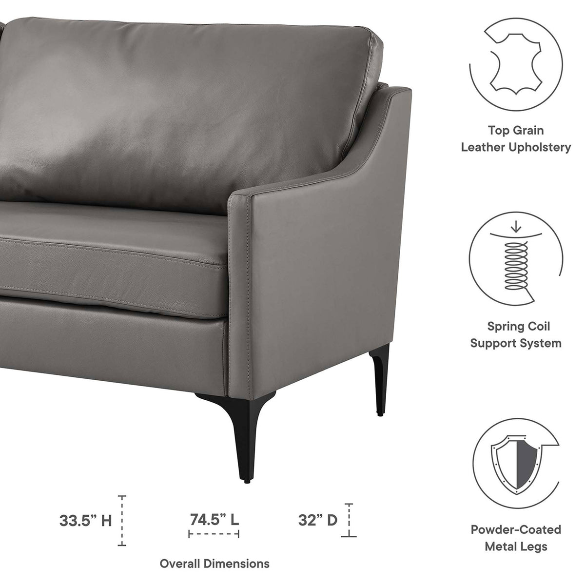 Dimension graphic showing gray leather sofa with top grain upholstery, spring coils, and metal legs || EEI-6018-GRY || dimension_studio