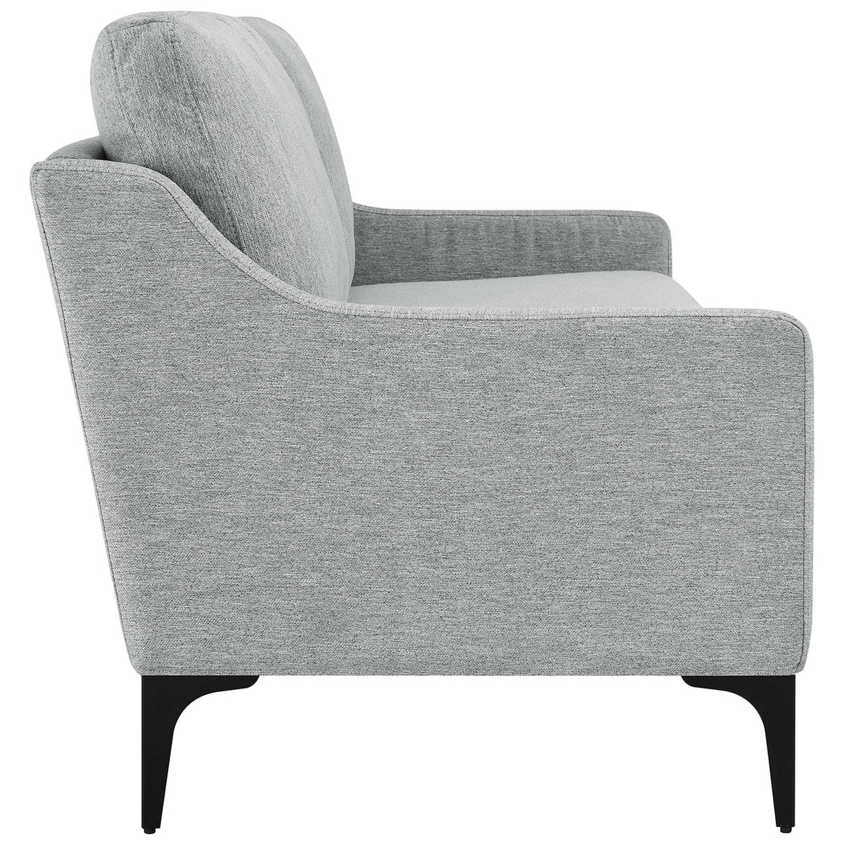 Side profile of light gray sofa showcasing slim curved arms, plush cushions, and tall black legs || EEI-6019-LGR || side_studio