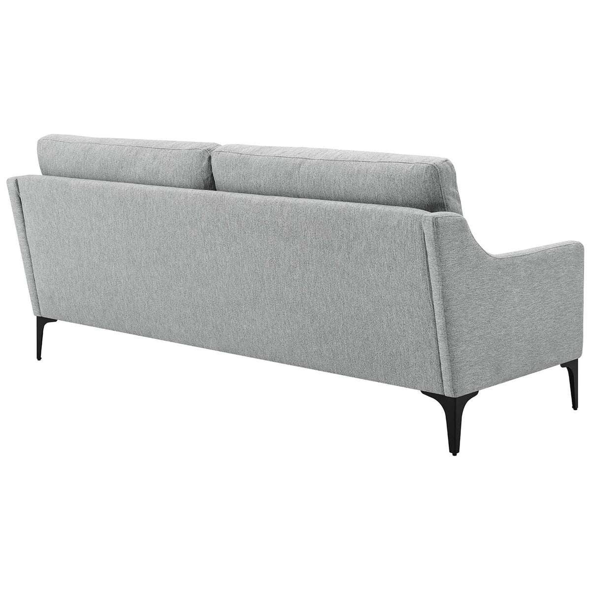 Light gray sofa with neatly tailored back, gently flared arms, and sleek black metal legs || EEI-6019-LGR || back_angle_studio