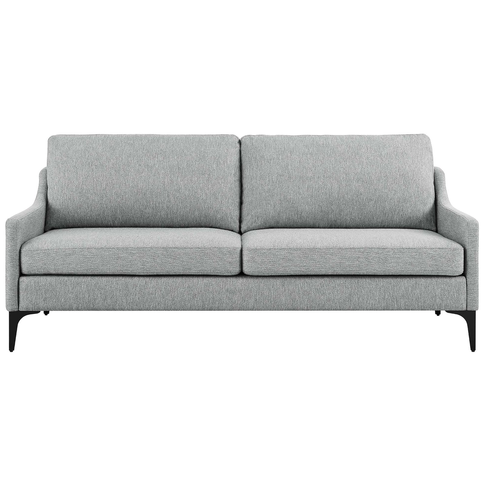 Light gray upholstered sofa with clean lines, pillow back cushions, and slim black metal legs || EEI-6019-LGR || front_studio