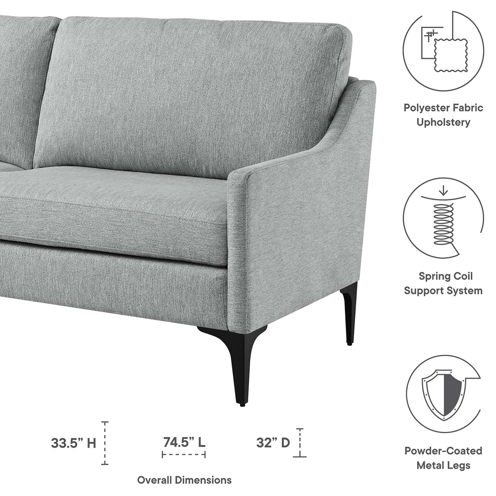 Corland light gray upholstered sofa with illustrated dimensions and icons for fabric, support, and metal legs || EEI-6019-LGR || dimension_studio