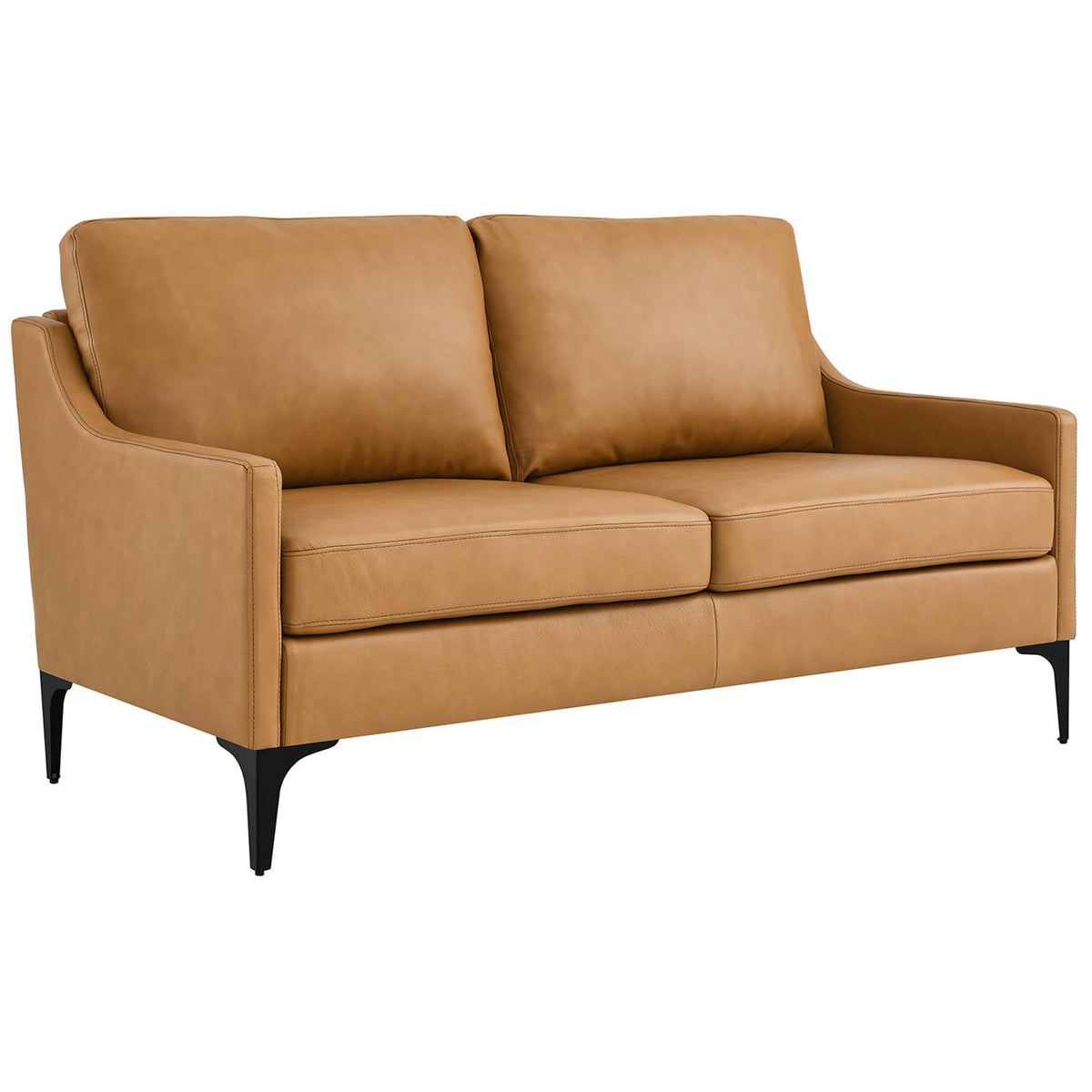 Sleek tan leather loveseat shown at an angle highlighting slim profile and tapered black legs || EEI-6020-TAN || front_angle_studio
