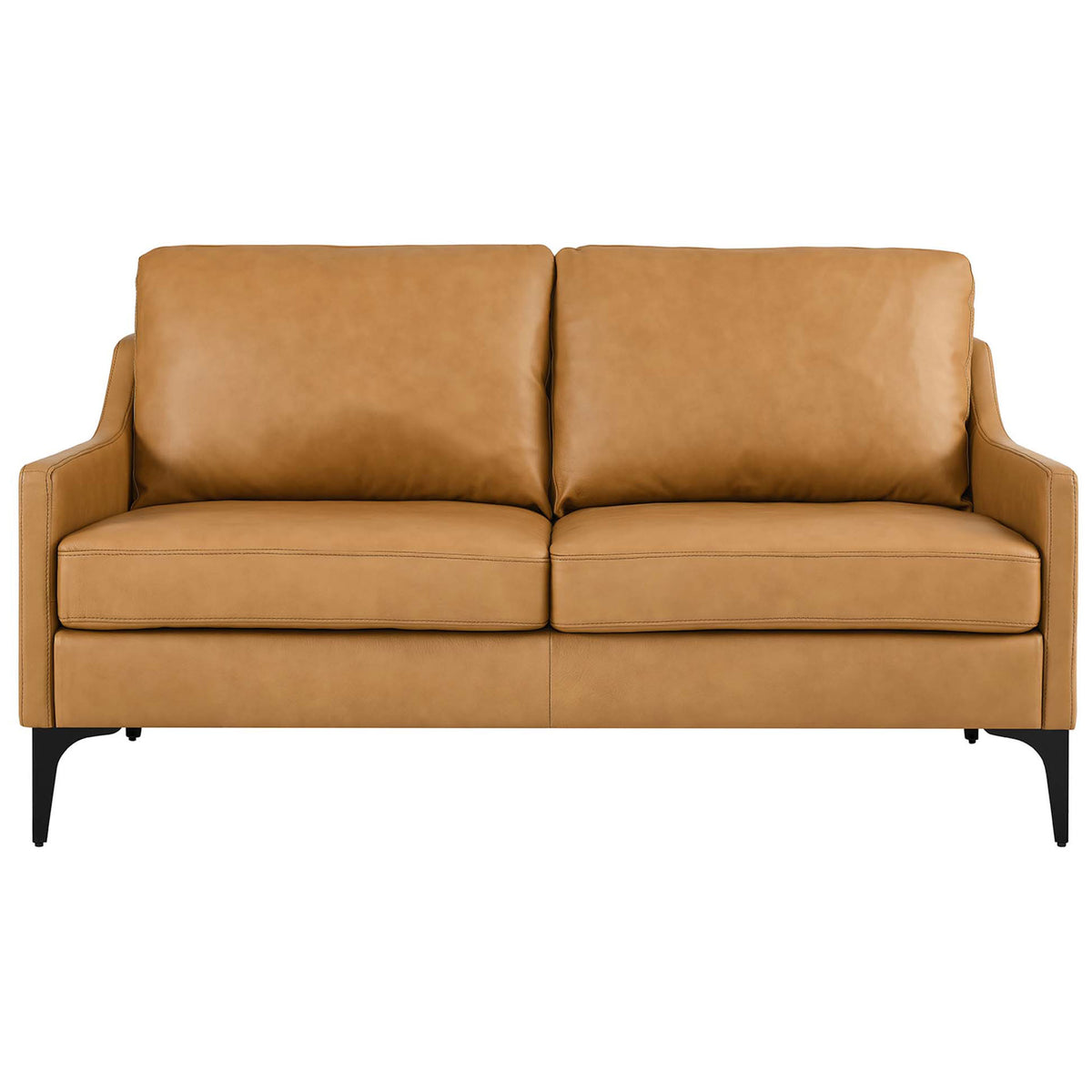 Tan leather loveseat with plush back cushions, slim sloped arms, and black metal legs || EEI-6020-TAN || front_studio