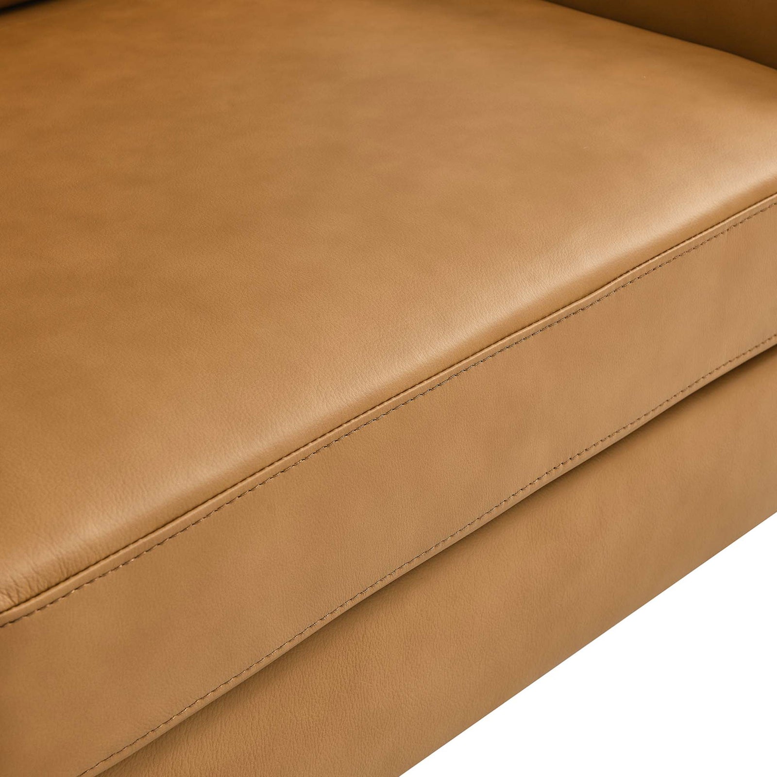 Close up of tan leather loveseat seat cushion showing fine stitching and smooth upholstery || EEI-6020-TAN || detail_studio