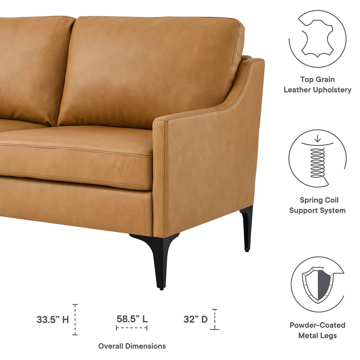 Feature callouts highlight Corland tan leather loveseat dimensions and key comfort details || EEI-6020-TAN || dimension_studio