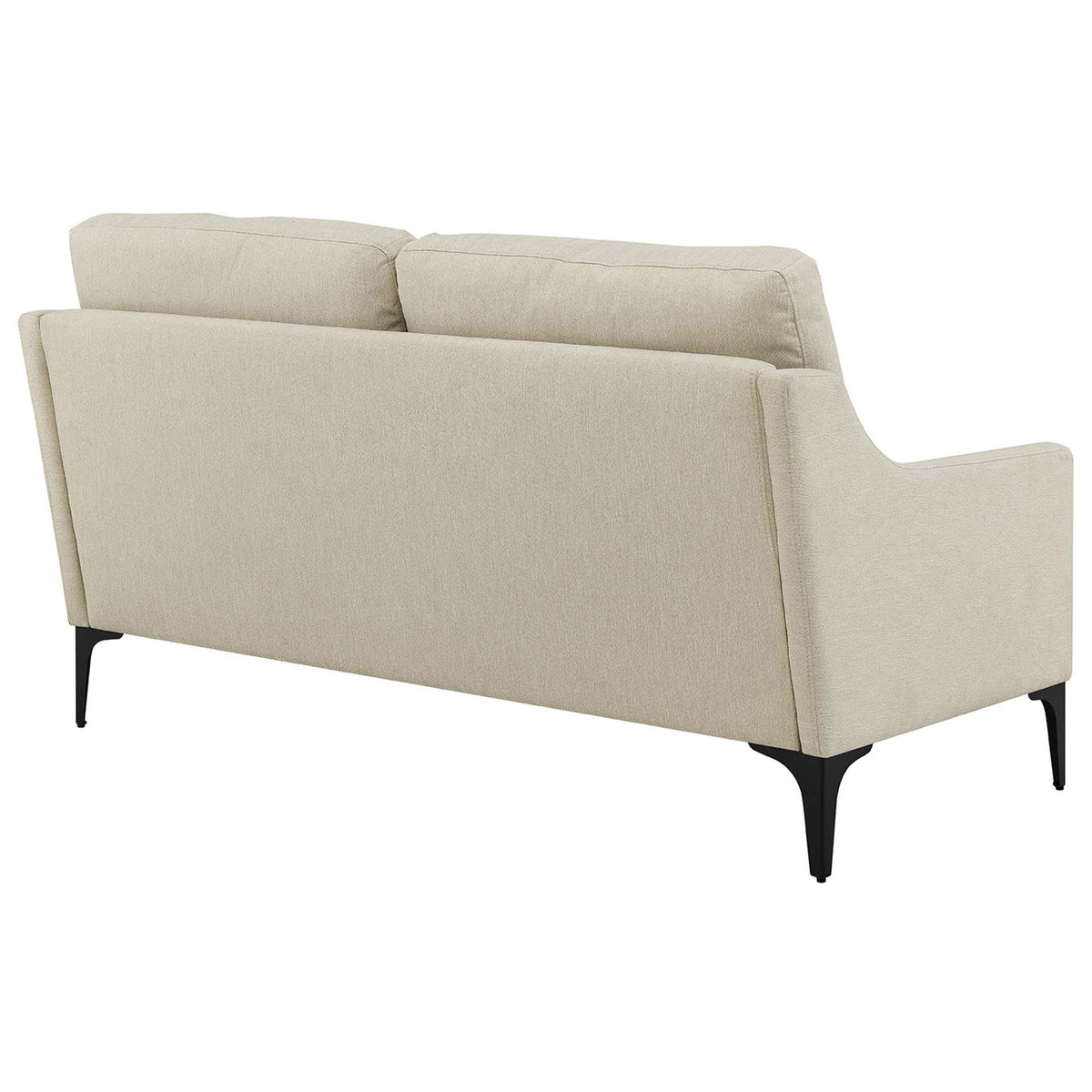 Back view of beige loveseat showing tailored upholstery and angled silhouette || EEI-6021-BEI || back_angle_studio