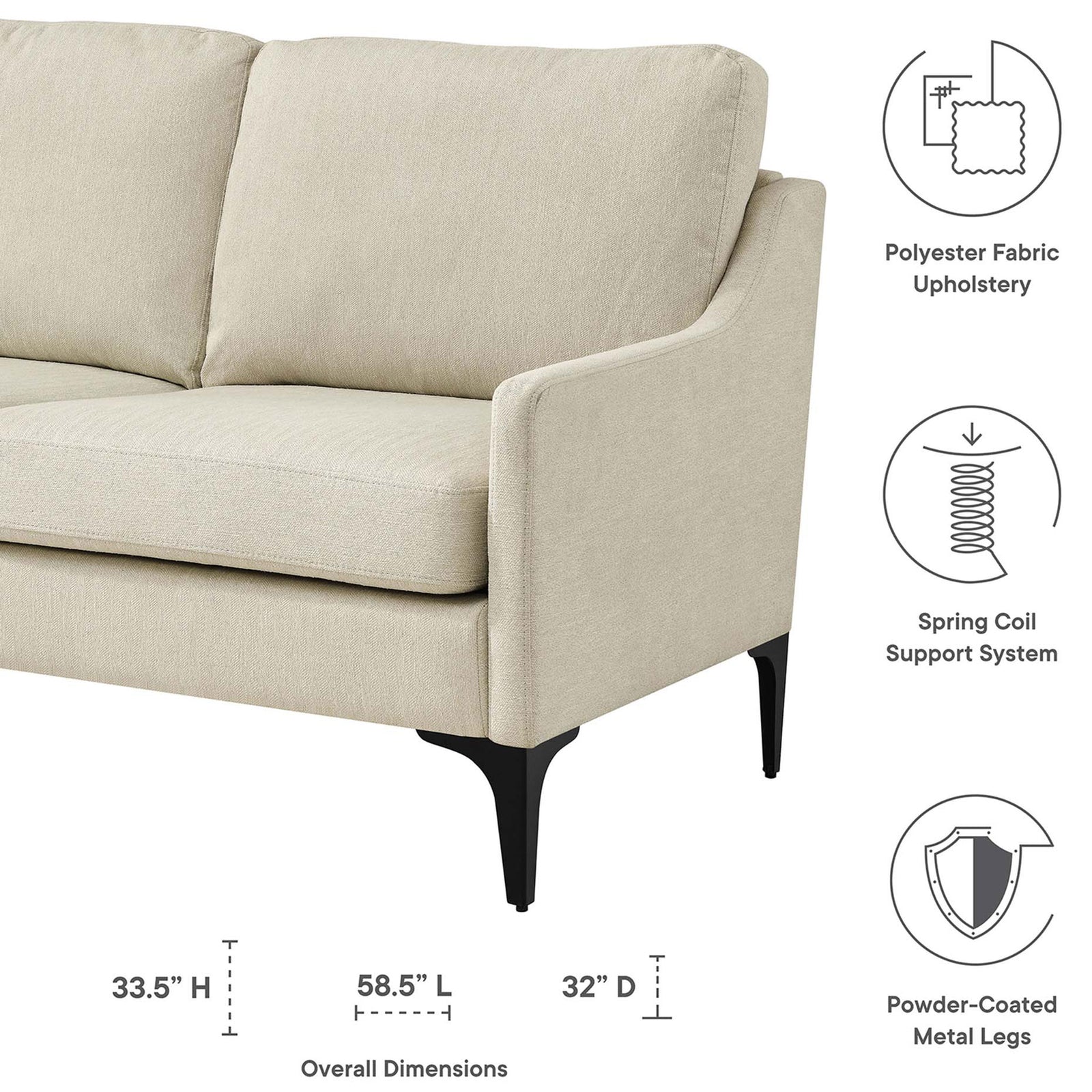 Diagram of beige loveseat with dimensions and icons for fabric, legs, and support || EEI-6021-BEI || dimension_studio