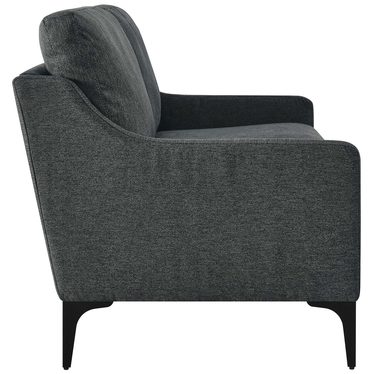 Side of the Corland loveseat highlighting the gently curved armrest and thick, supportive seat cushions || EEI-6021-CHA || side_studio