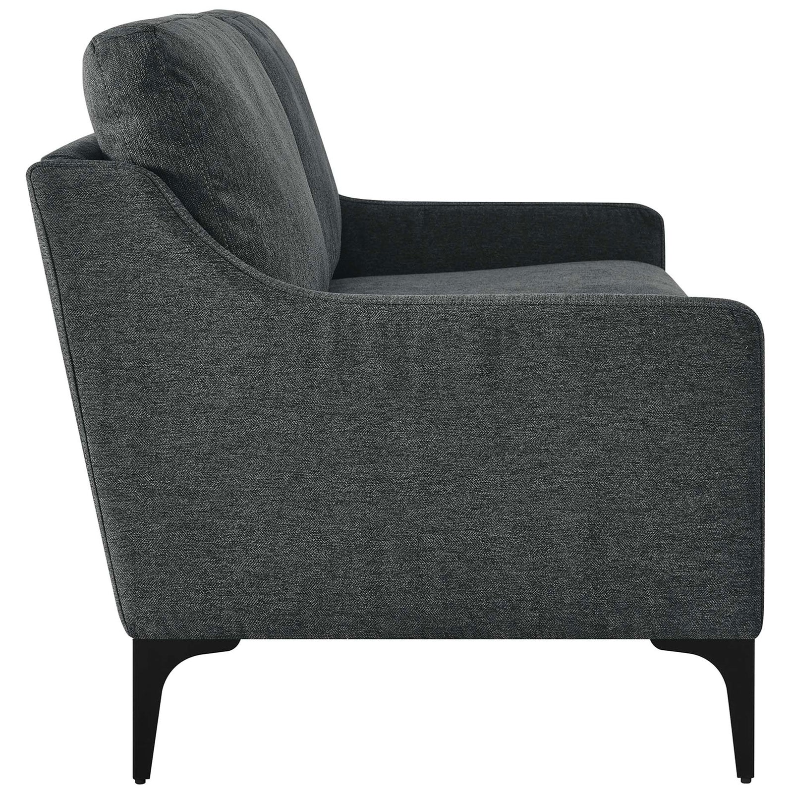 Side of the Corland loveseat highlighting the gently curved armrest and thick, supportive seat cushions || EEI-6021-CHA || side_studio