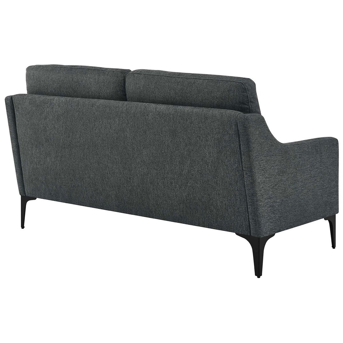 Back of the Corland loveseat featuring smooth upholstery and tapered black powder-coated metal legs || EEI-6021-CHA || back_angle_studio