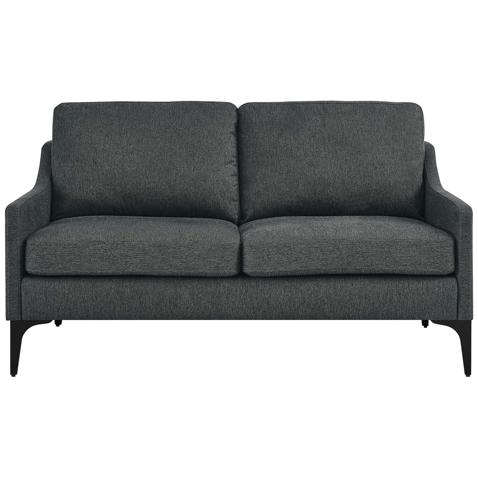 Charcoal Corland loveseat with plush back cushions and tailored seat for modern living room comfort || EEI-6021-CHA || front_studio