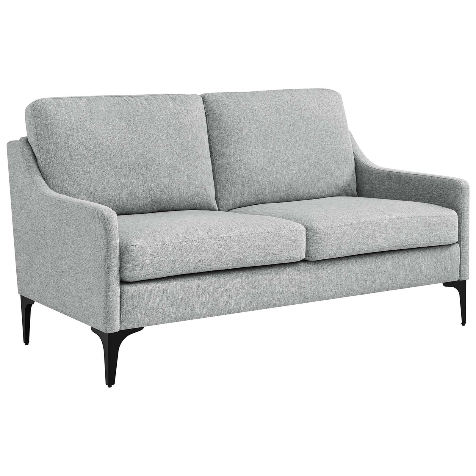Light gray Corland loveseat with slim sloped arms and black metal legs for a clean, mid-century silhouette || EEI-6021-LGR || front_angle_studio