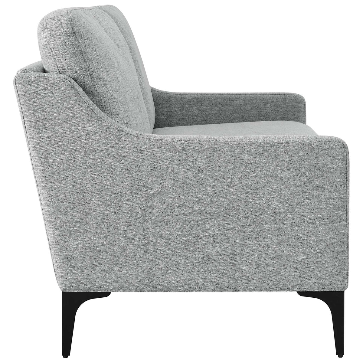Corland loveseat in light gray upholstery with a gently curved arm and elevated black metal legs for an airy look || EEI-6021-LGR || side_studio