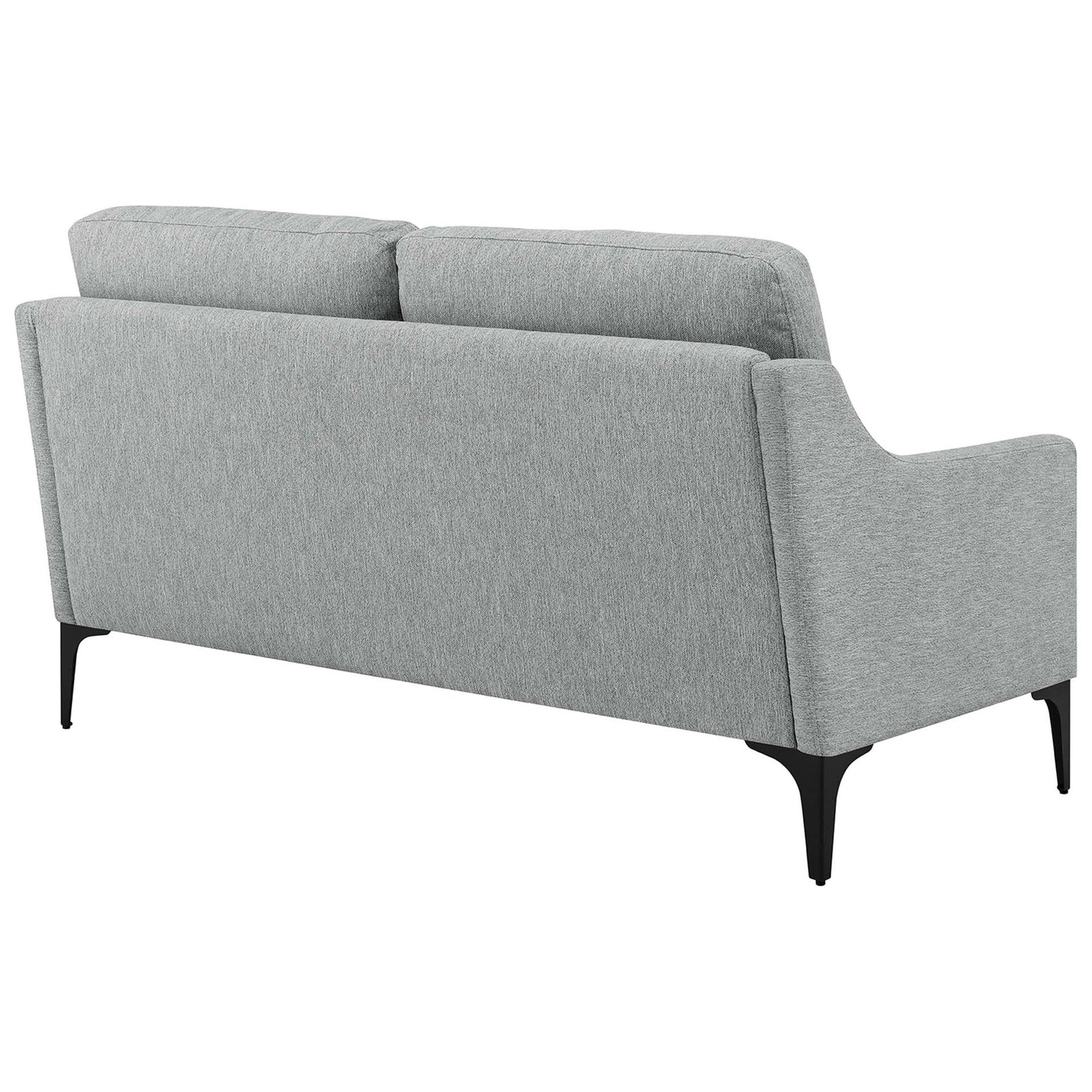 Corland loveseat with a smooth light gray upholstered back and sleek black metal legs || EEI-6021-LGR || back_angle_studio