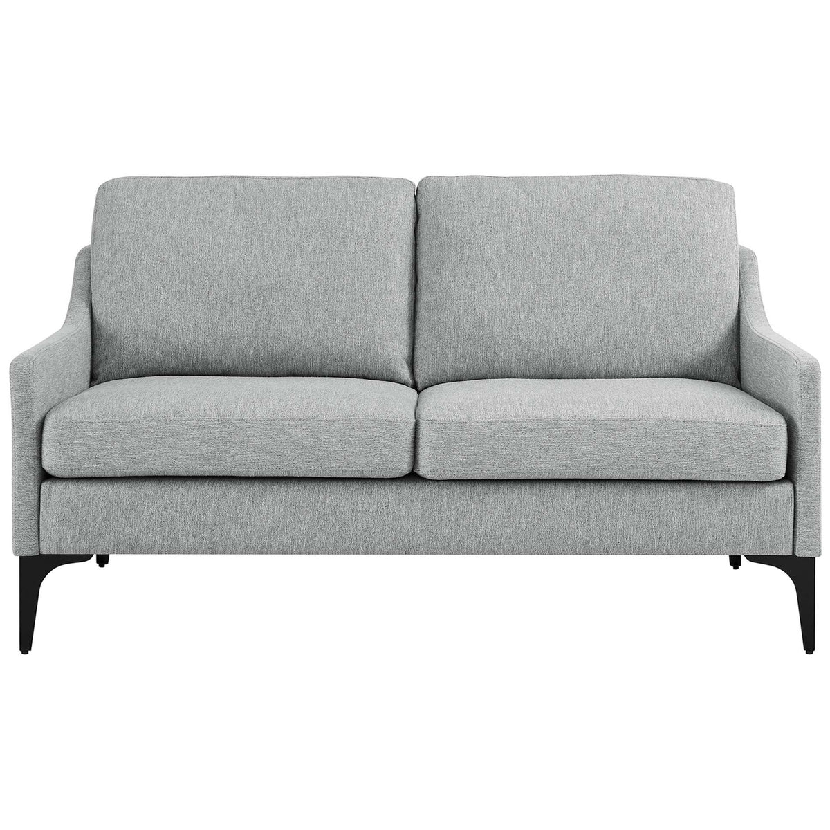 Corland light gray fabric loveseat with plush back cushions and tailored seat cushions on slim black legs || EEI-6021-LGR || front_studio