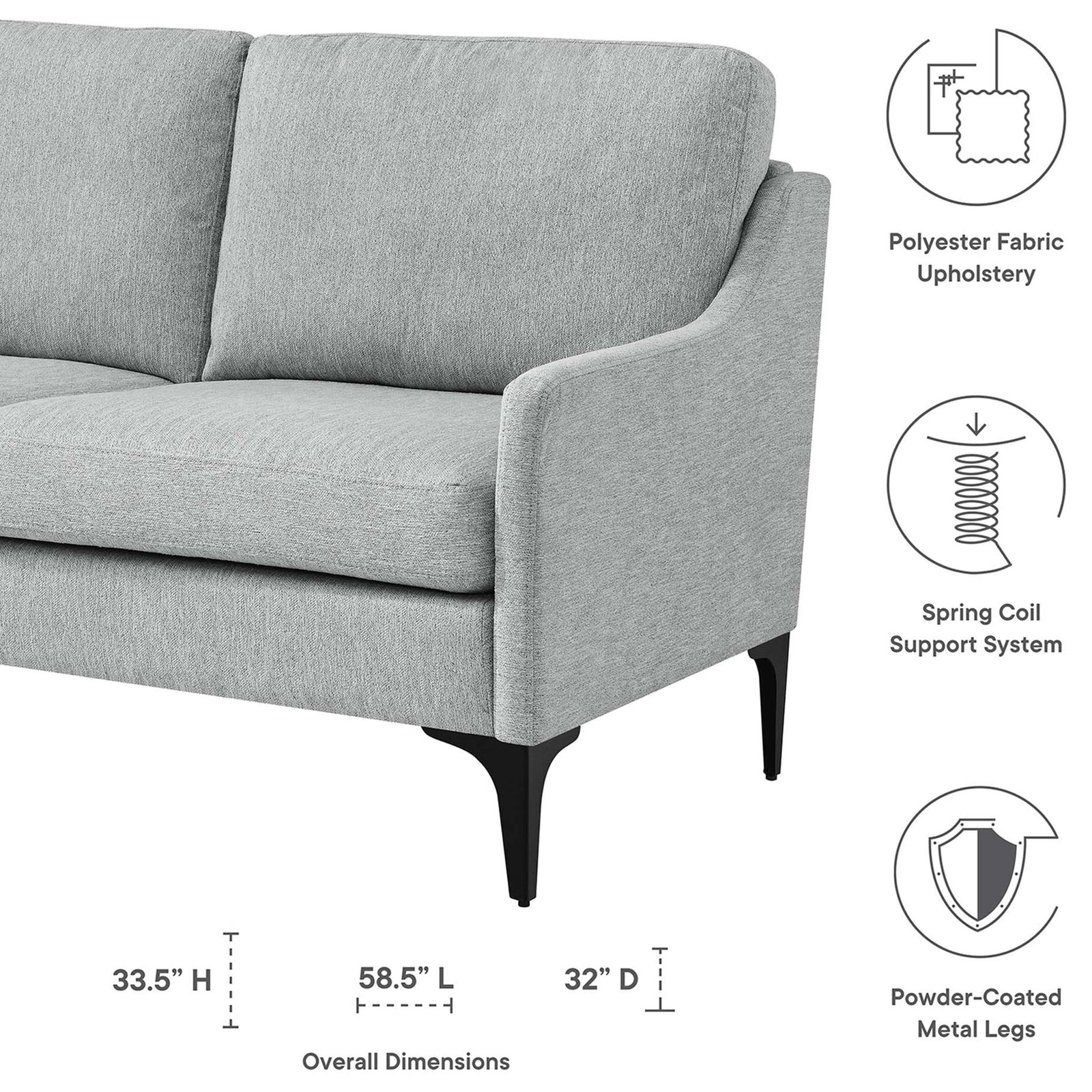 Corland loveseat details highlighting polyester fabric upholstery, spring coil support, and powder-coated metal legs || EEI-6021-LGR || dimension_studio
