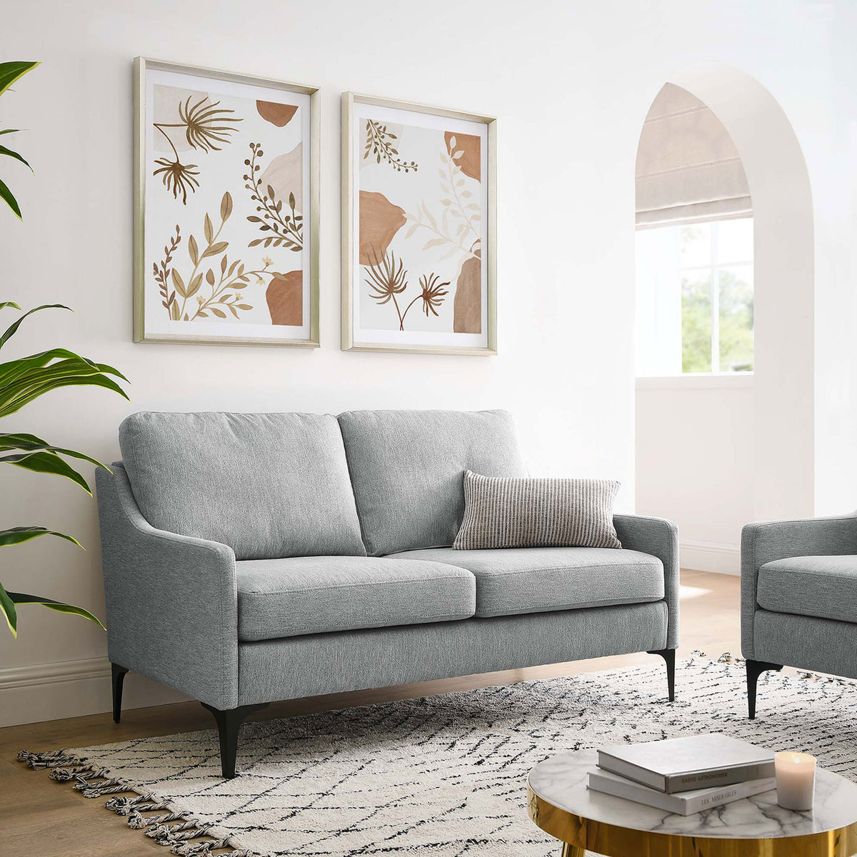 Corland light gray loveseat in a bright living room, pairing mid-century lines with soft cushions and black metal legs || EEI-6021-LGR || front_room