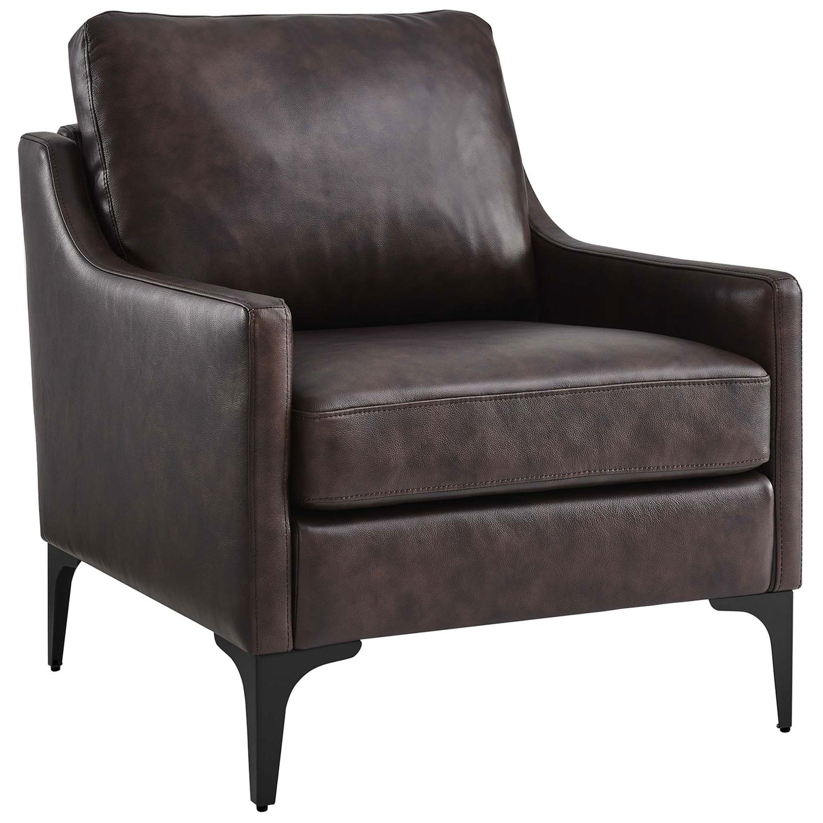 Mid-century armchair in brown top-grain leather with sleek sloped arms and black powder-coated legs || EEI-6022-BRN || front_angle_studio