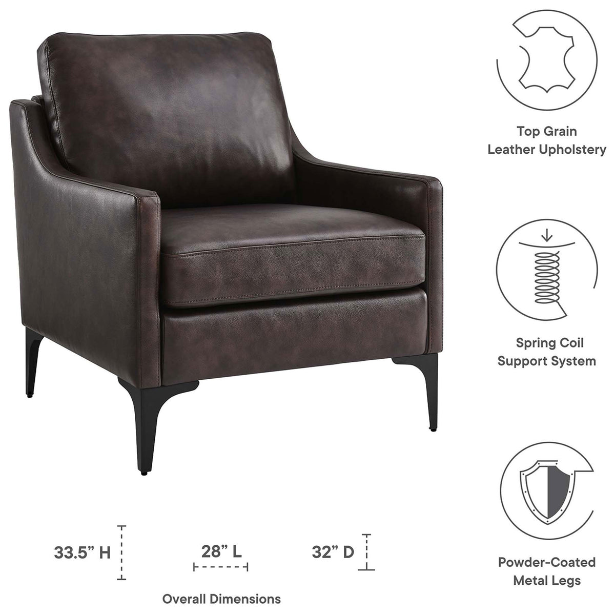 Durable top-grain leather, spring coil support, and powder-coated legs built for everyday comfort || EEI-6022-BRN || dimension_studio