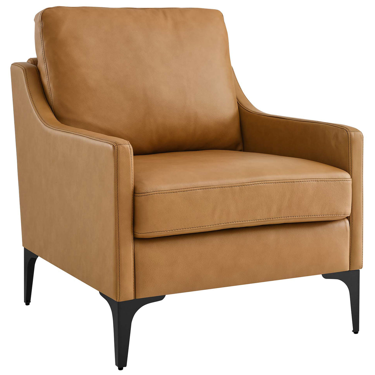 Top-grain leather armchair with tailored seams and a sleek silhouette on powder-coated legs || EEI-6022-TAN || front_angle_studio