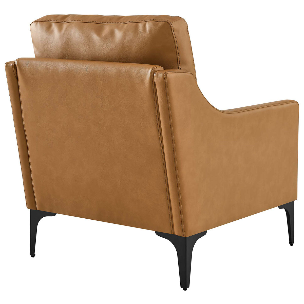 Clean-lined back with tailored stitching in tan leather atop a sturdy black metal base || EEI-6022-TAN || back_angle_studio
