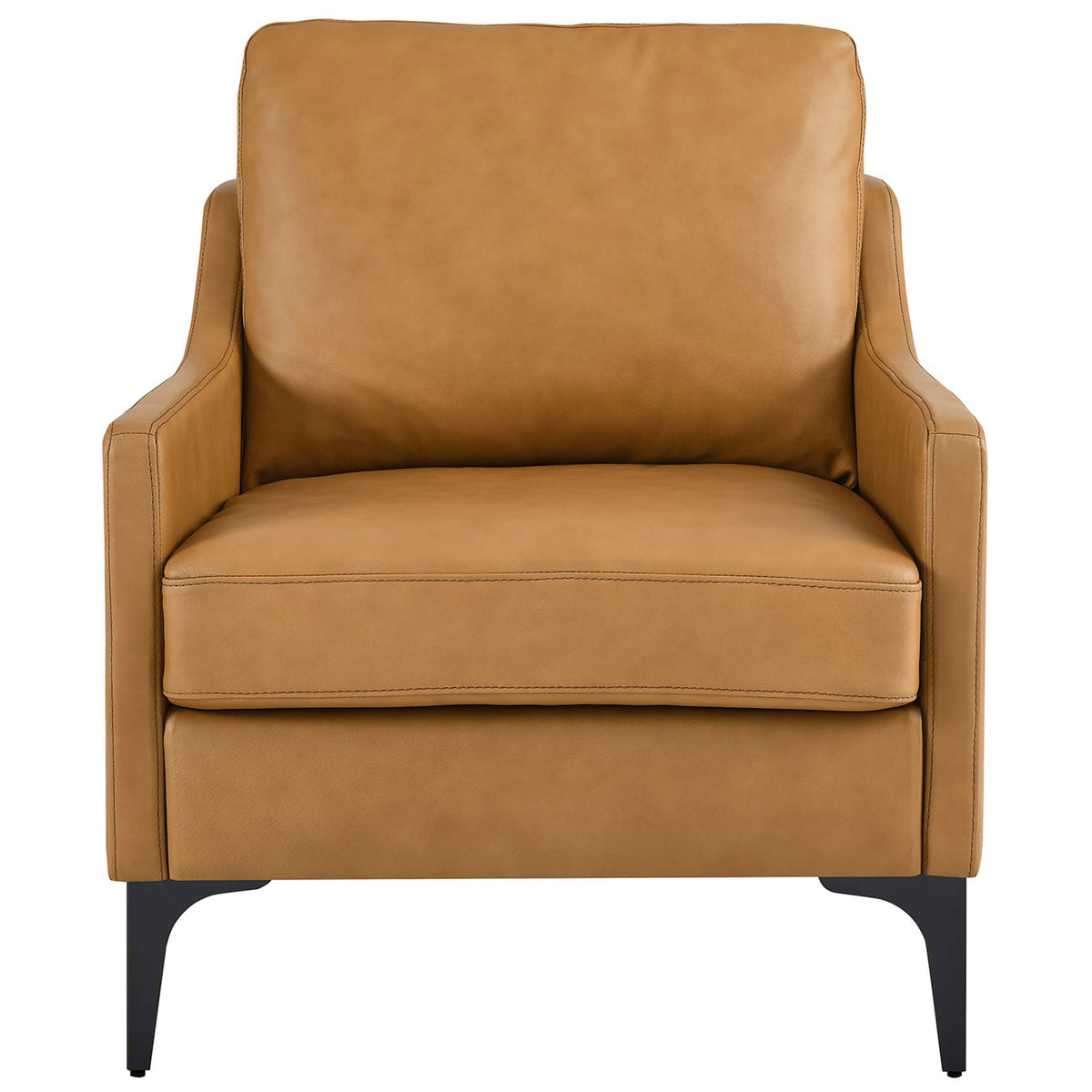 Tan leather armchair with plush cushions, sloped arms, and black metal legs for a refined, modern look || EEI-6022-TAN || front_studio