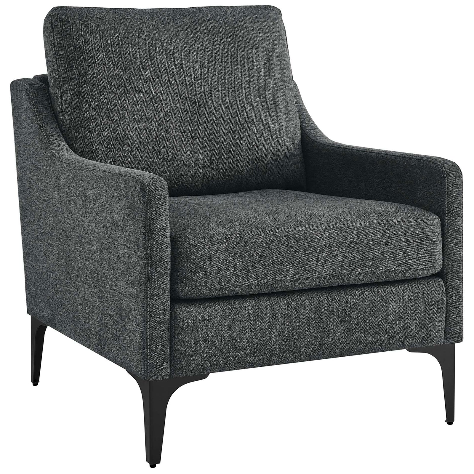 Charcoal upholstered armchair with sloped arms and black powder-coated legs for a sleek, modern look || EEI-6023-CHA || front_angle_studio