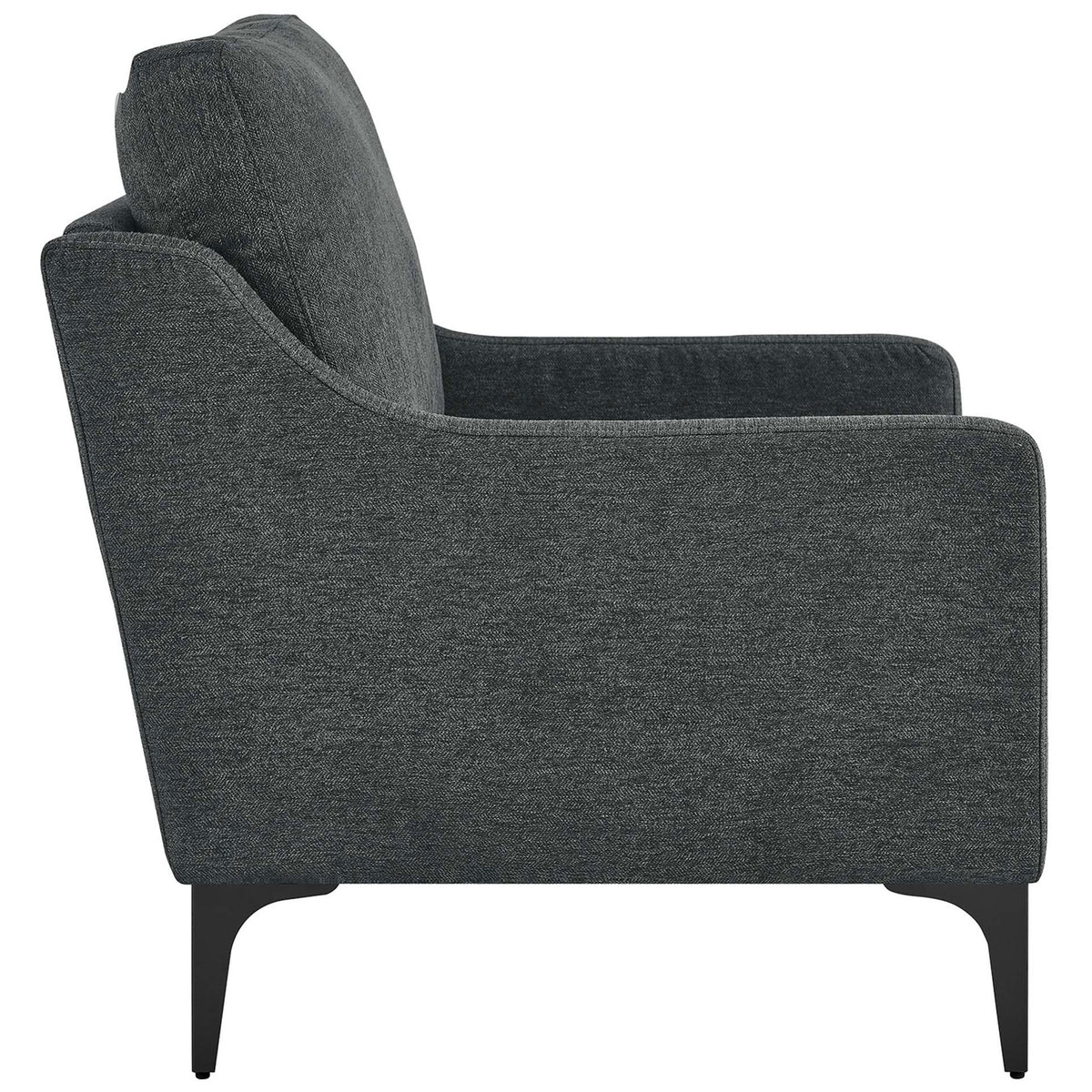 Streamlined profile with gently sloped arms and slim black metal legs || EEI-6023-CHA || side_studio