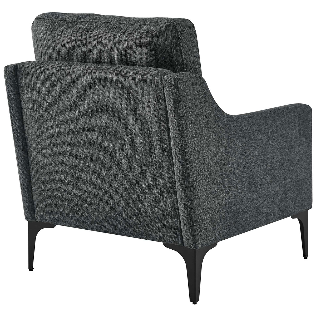 Supportive pillow-back rises above a clean-lined frame with tapered black metal legs || EEI-6023-CHA || back_angle_studio