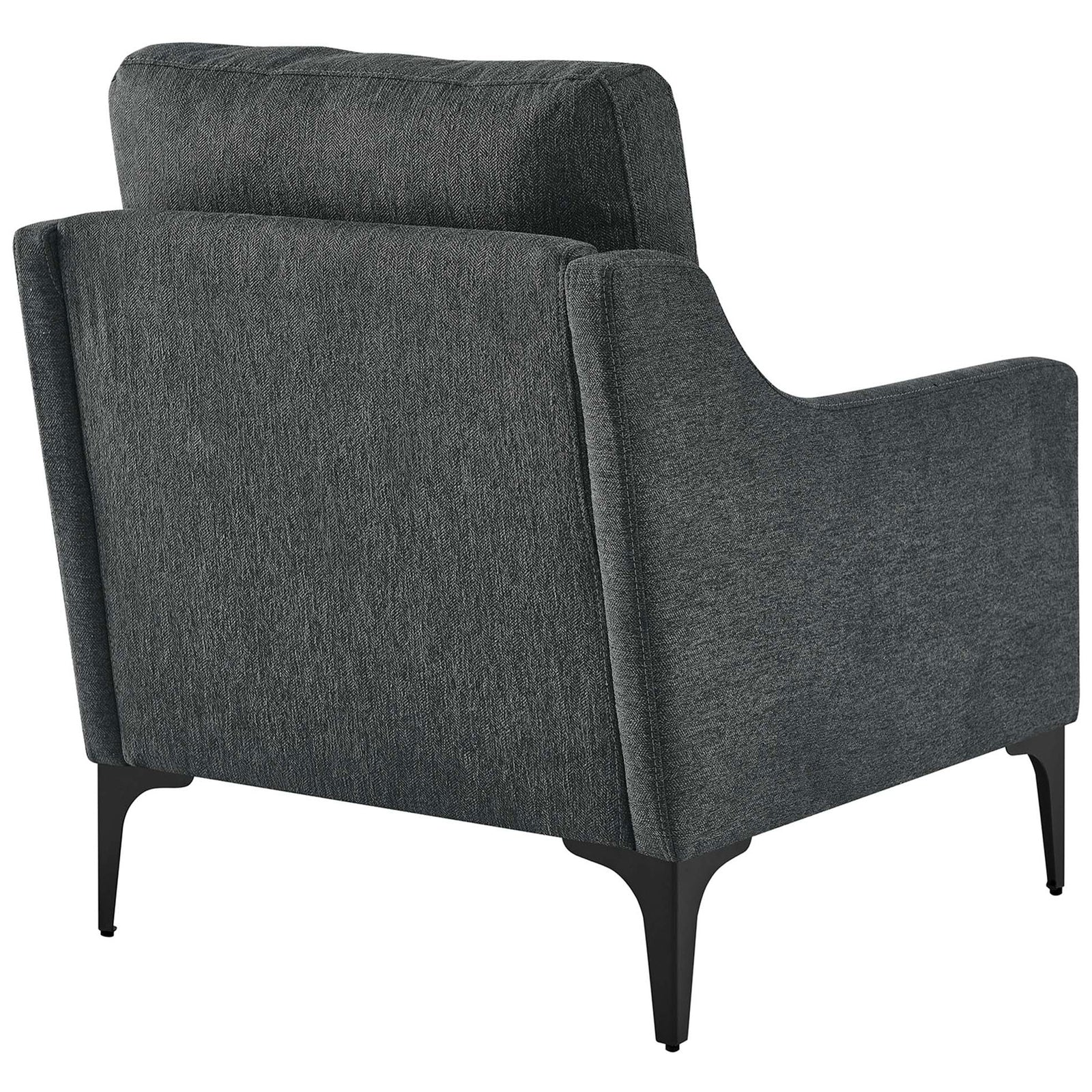Supportive pillow-back rises above a clean-lined frame with tapered black metal legs || EEI-6023-CHA || back_angle_studio