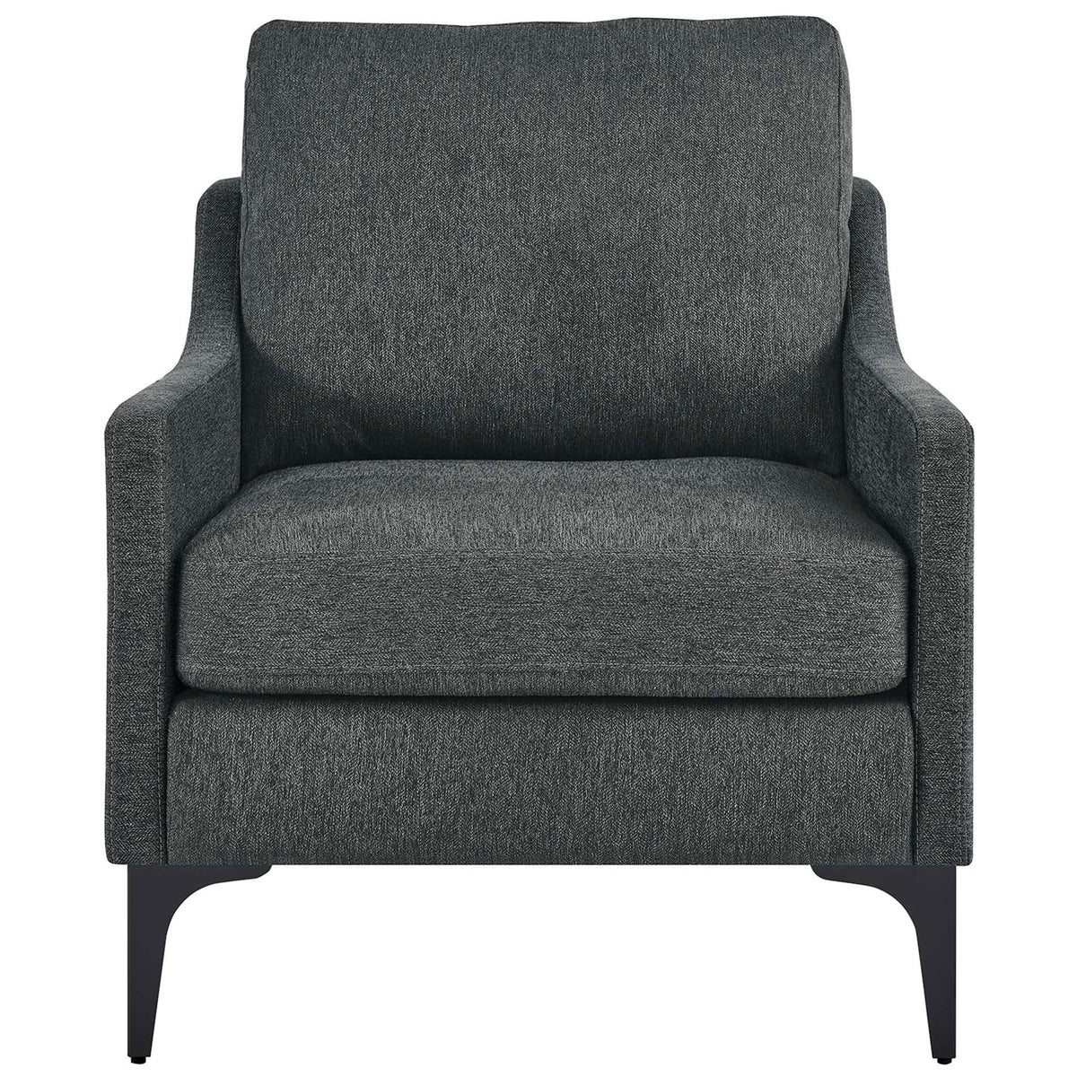 Plush back cushion and deep seat deliver inviting comfort in a tailored charcoal fabric armchair || EEI-6023-CHA || front_studio