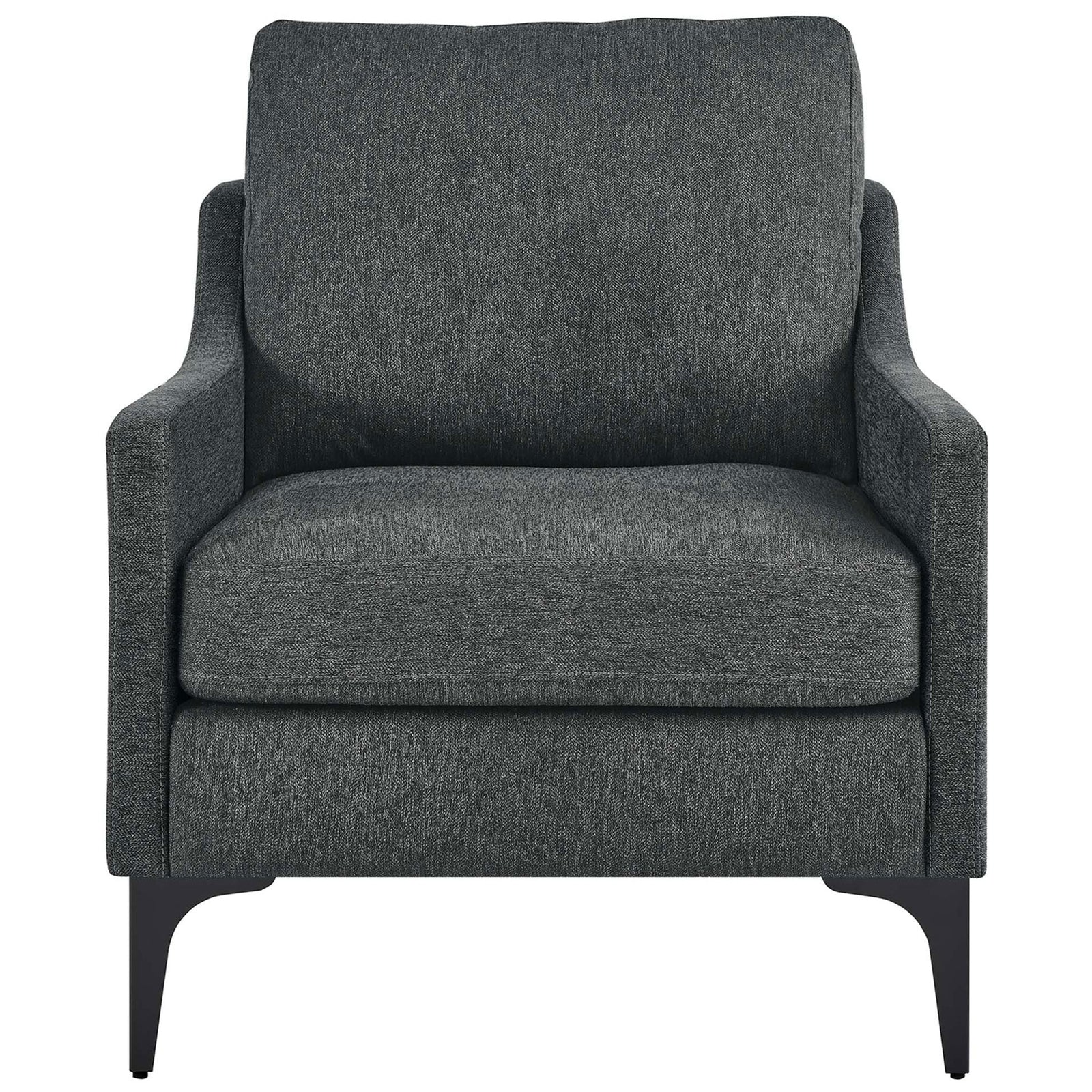 Plush back cushion and deep seat deliver inviting comfort in a tailored charcoal fabric armchair || EEI-6023-CHA || front_studio