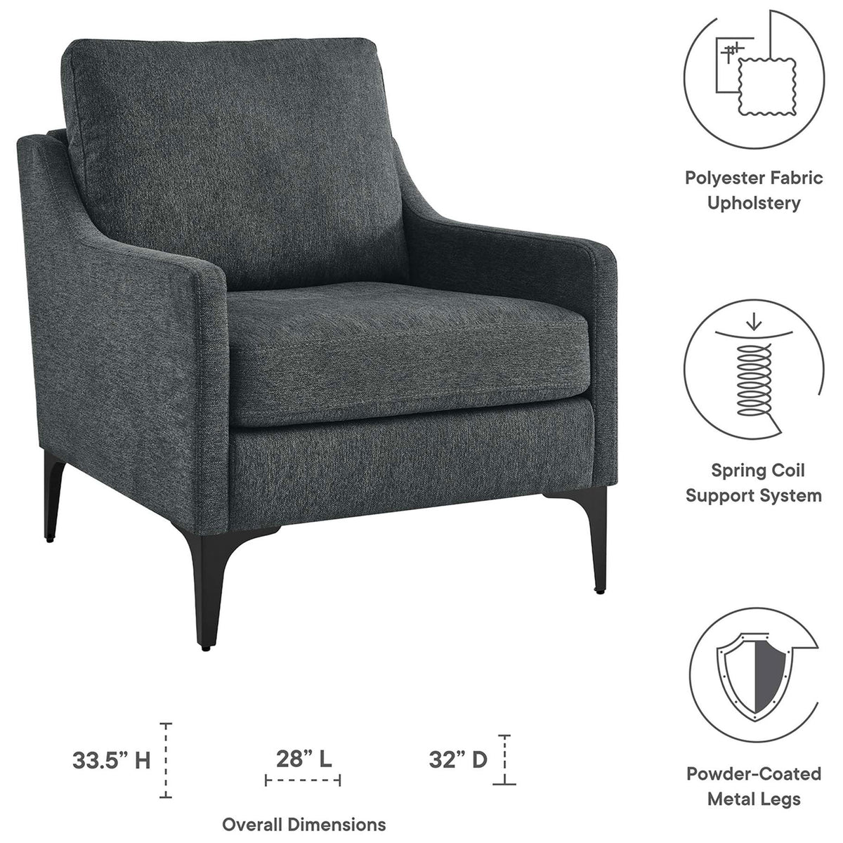 Highlighted features include spring coil support, plush comfort, and powder-coated metal legs || EEI-6023-CHA || dimension_studio